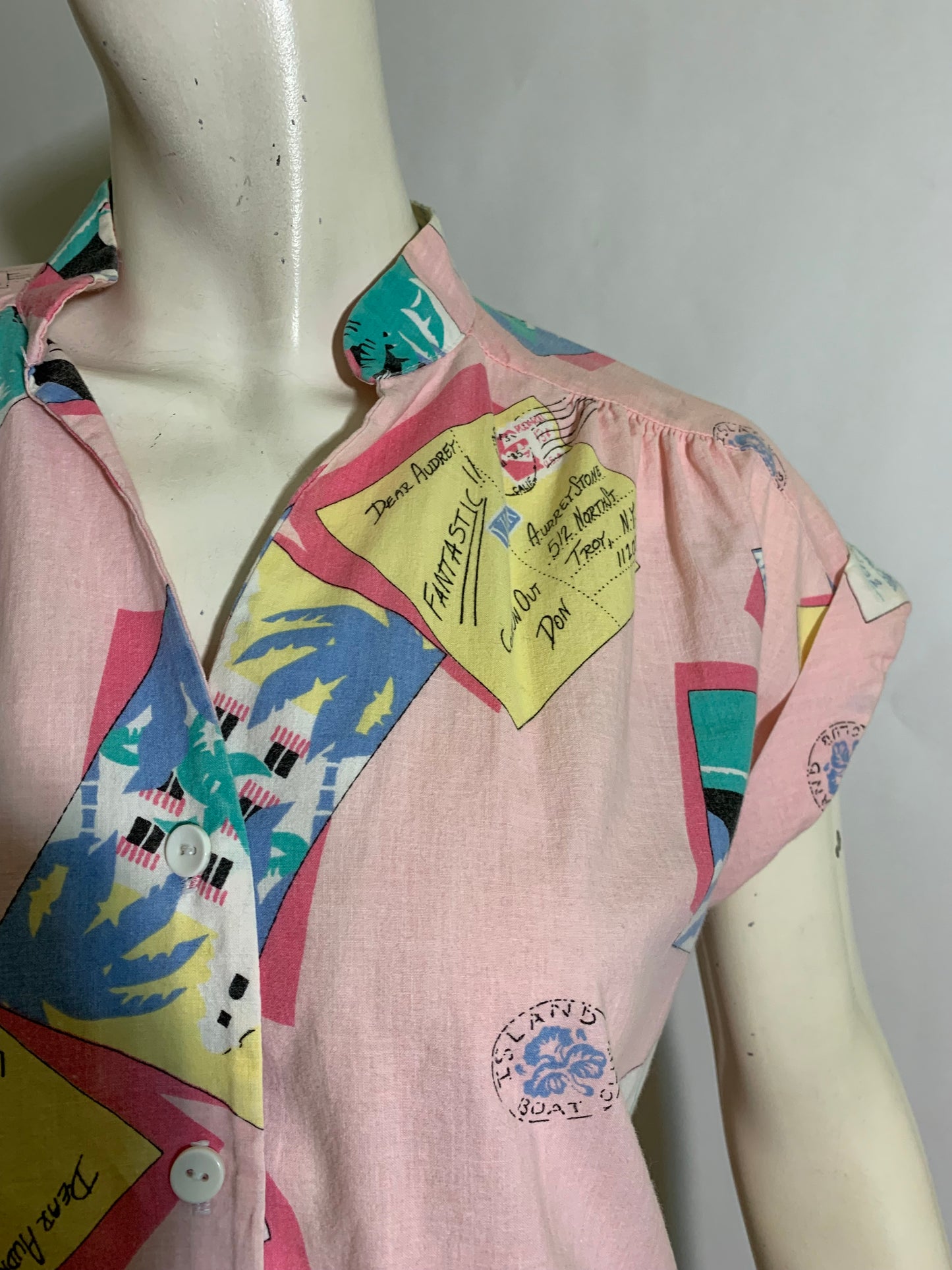 Pastel Pink Post Card Print Cotton Blouse circa 1980s