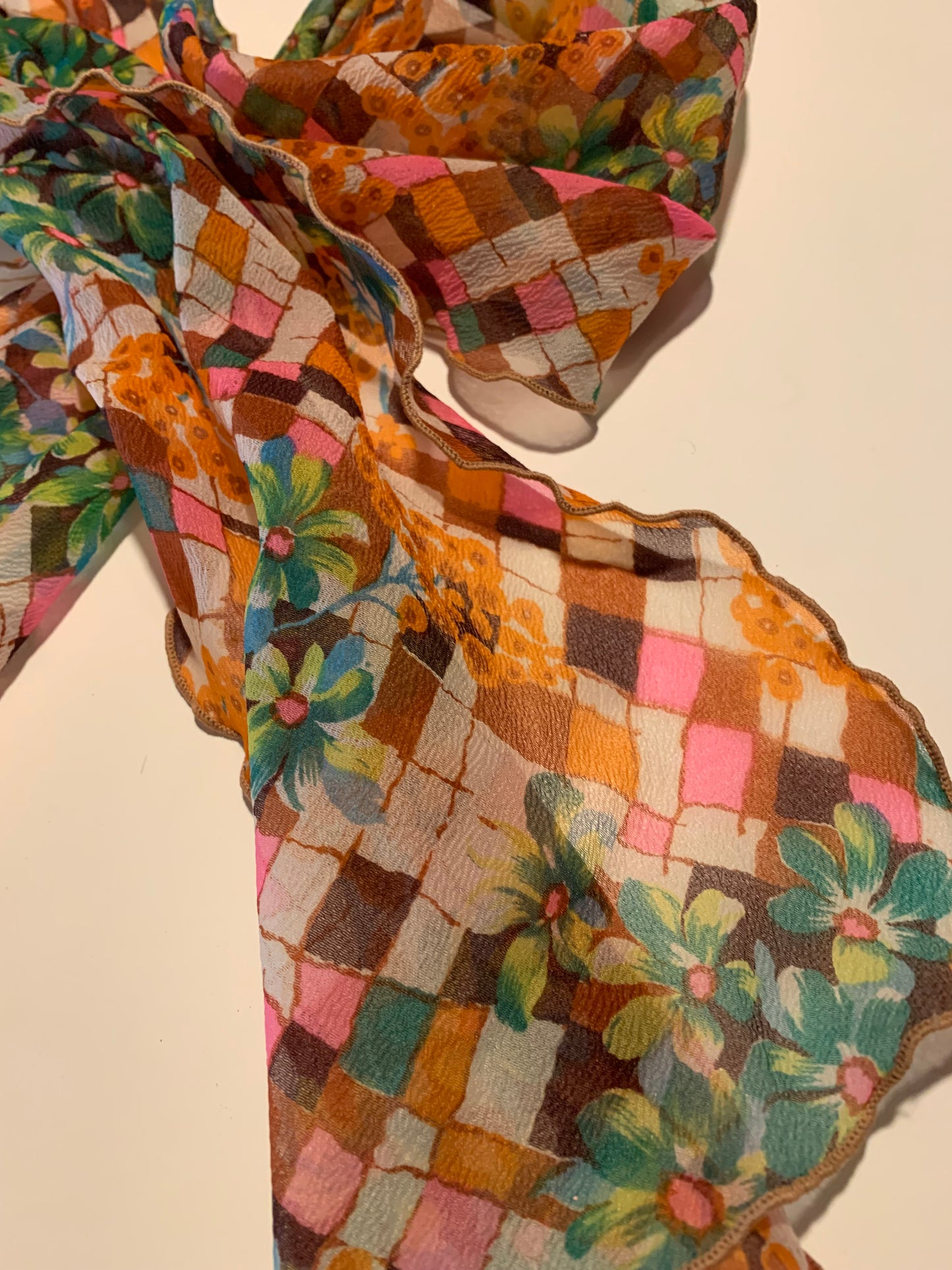 Bright Floral Harlequin Print Chiffon Oblong Scarf circa 1970s