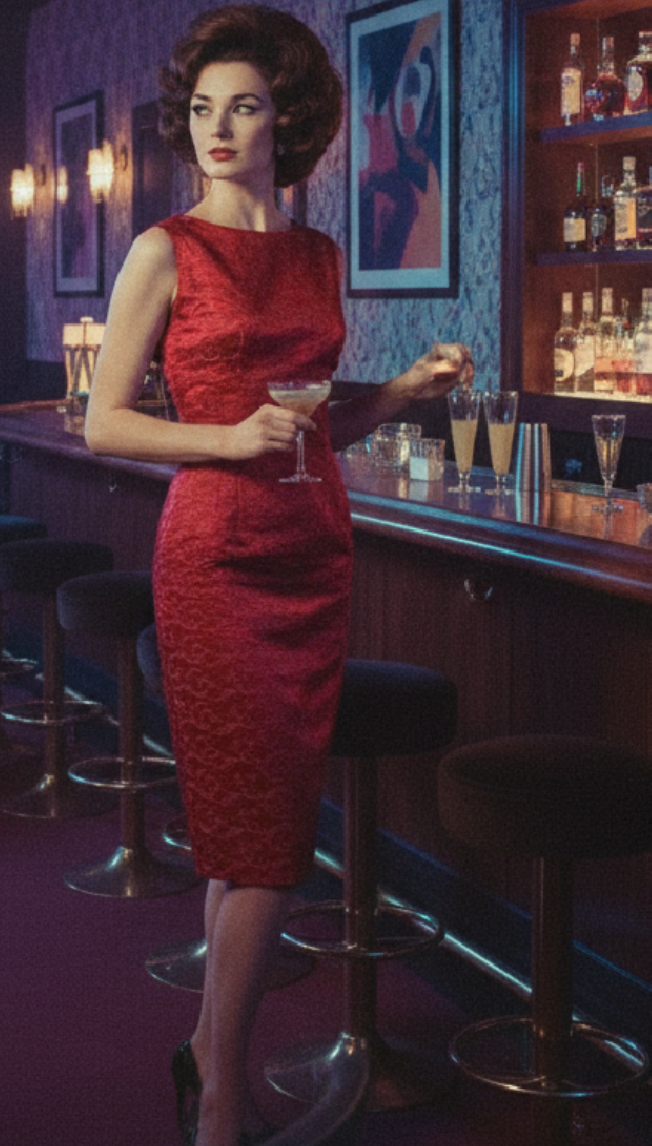 Red Embroidered Slinky Satin Sheath Dress circa 1960s