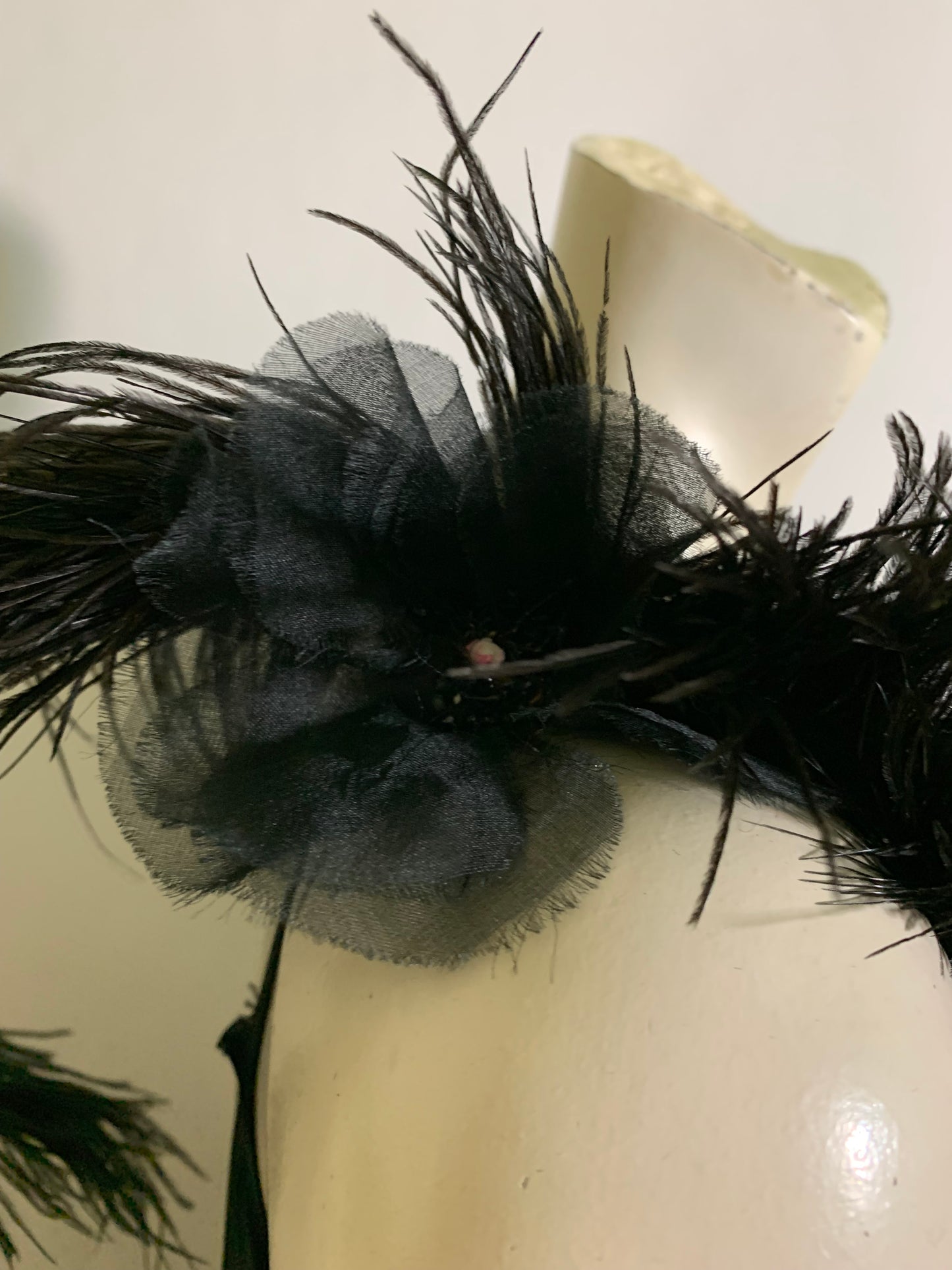 Lady Windermere Reimagined 1920s Black Silk Dress with Victorian Glass Beading Ostrich Feathers and Blue Ribbon L