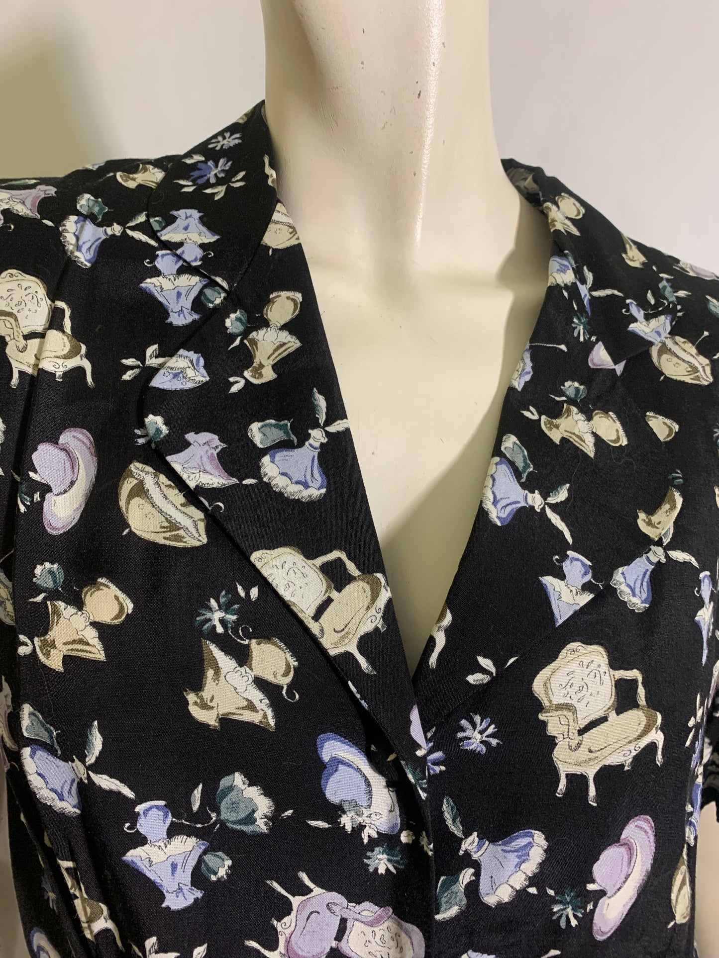 Victorian Lifestyle Novelty Print Rayon 40s Style Dress circa 1980s