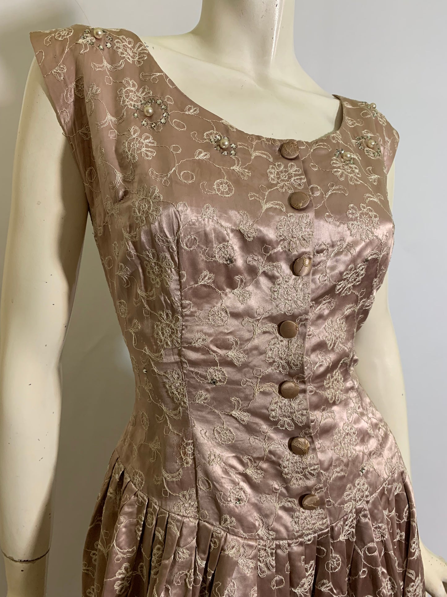 Antique Pale Pink Satin Embroidered Party Dress with Rhinestones circa 1950s