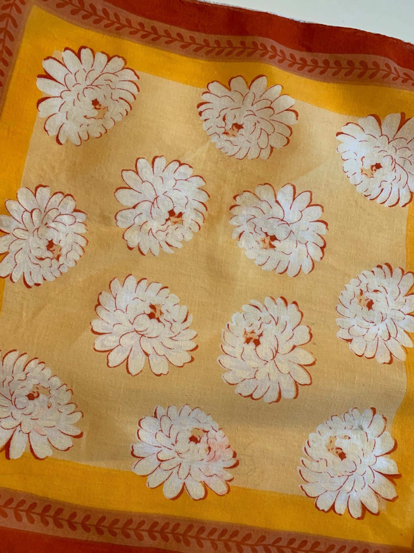 Orange and Yellow Mum Floral Print Handkerchief circa 1950s