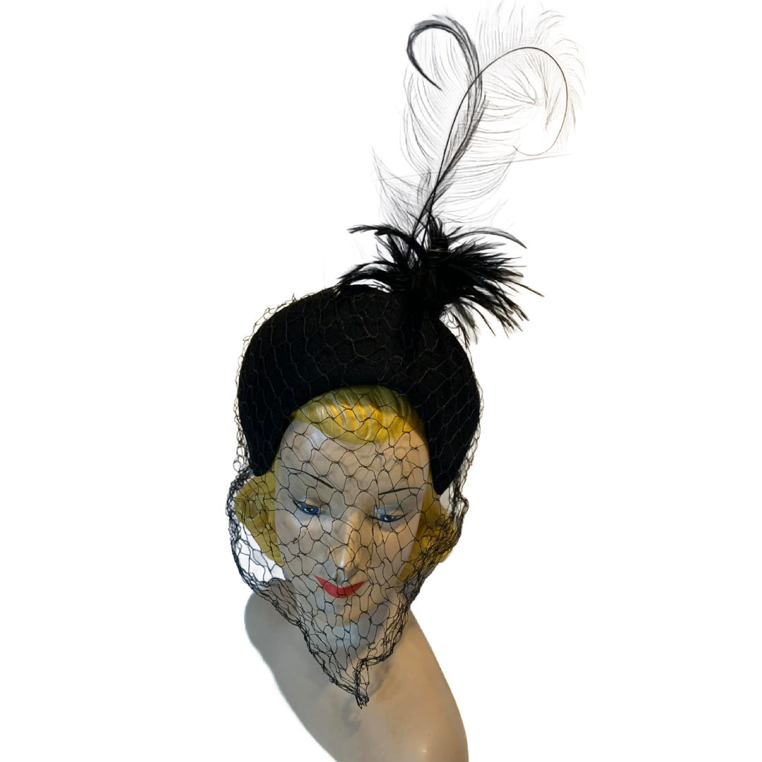 Black Veiled Felted Wool Hat with Black Feathers circa 1940s