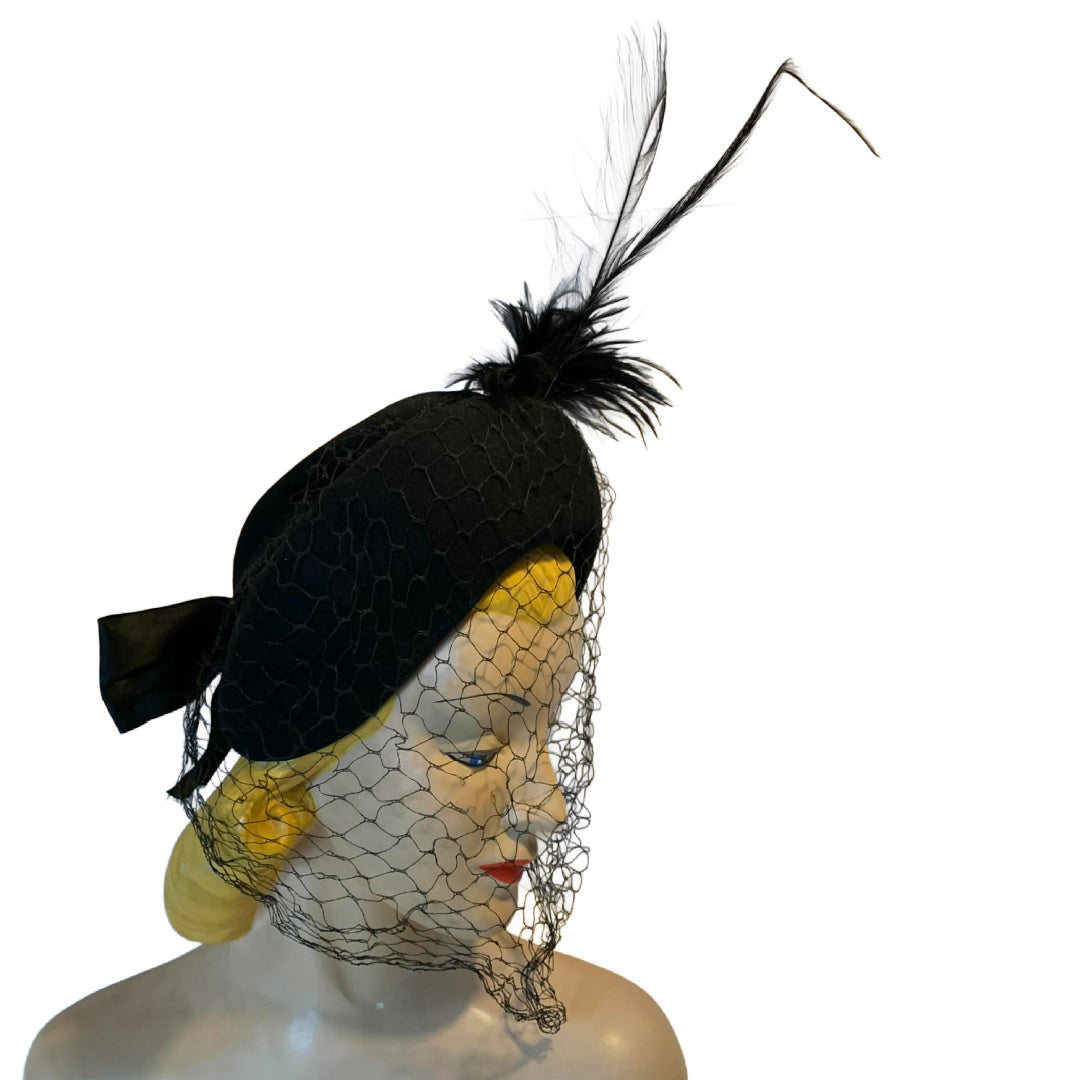 Black Veiled Felted Wool Hat with Black Feathers circa 1940s