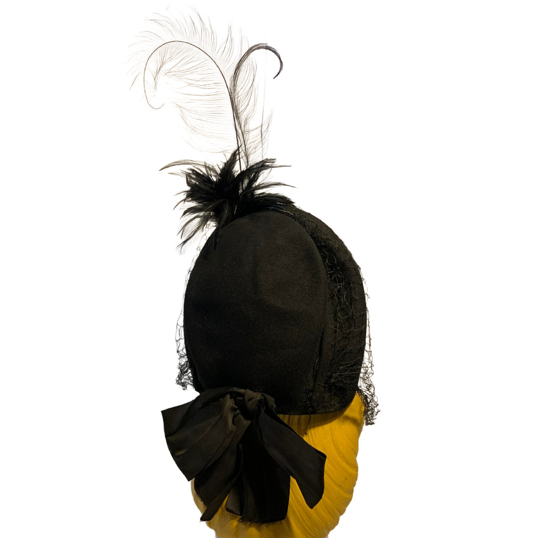 Black Veiled Felted Wool Hat with Black Feathers circa 1940s