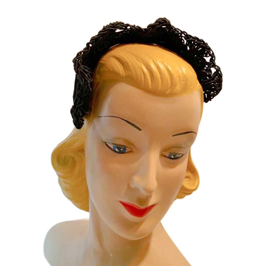 Black Velvet and Braided Cord Lace Headband Hat circa 1950s