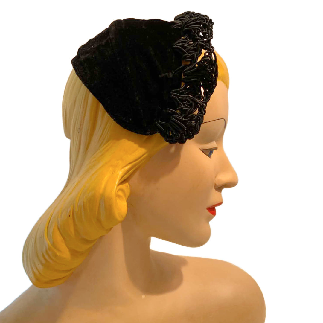 Black Velvet and Braided Cord Lace Headband Hat circa 1950s