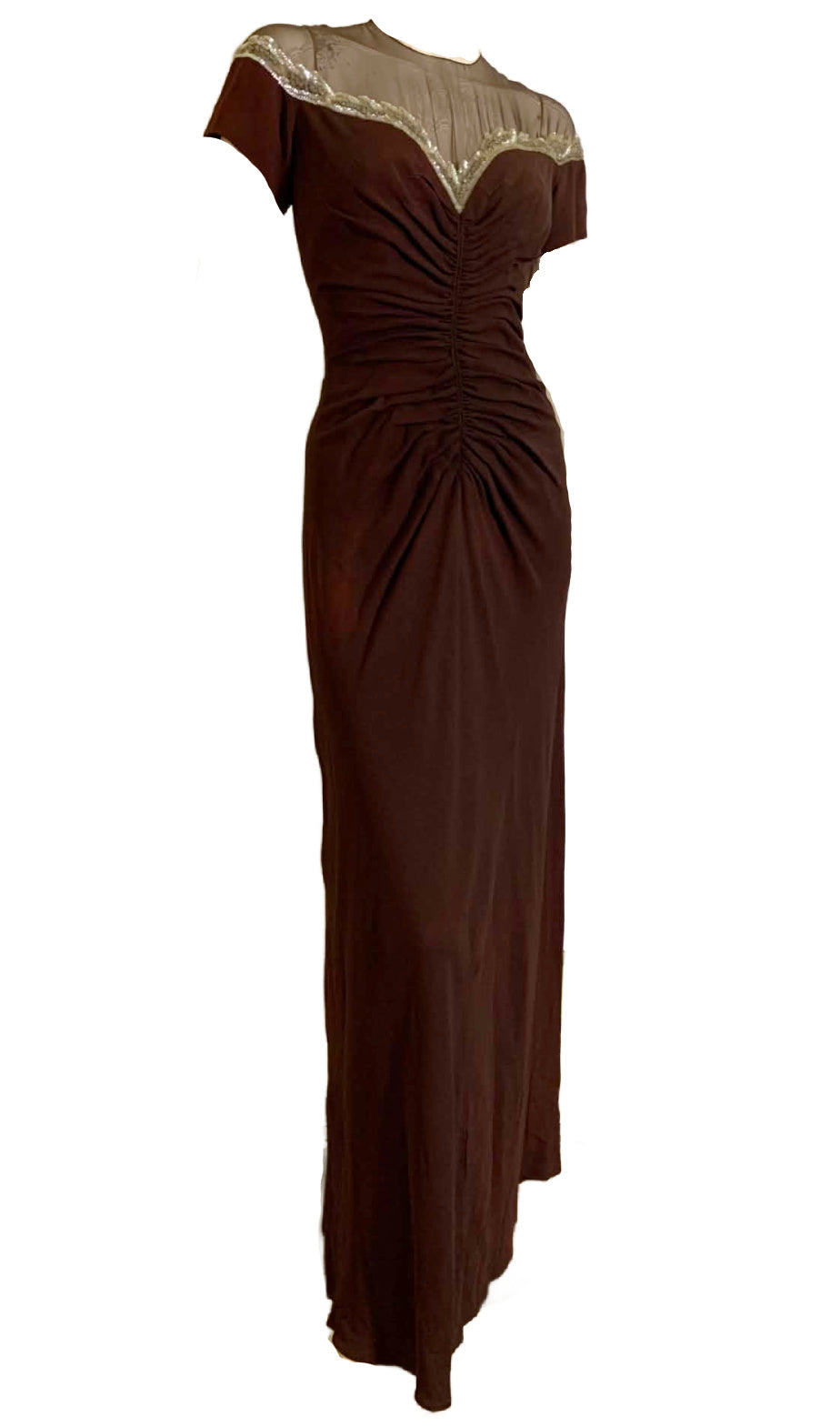 Hot Cocoa Colored Crepe Rayon Ruched Front Evening Dress with Beads and Sequins circa 1940s