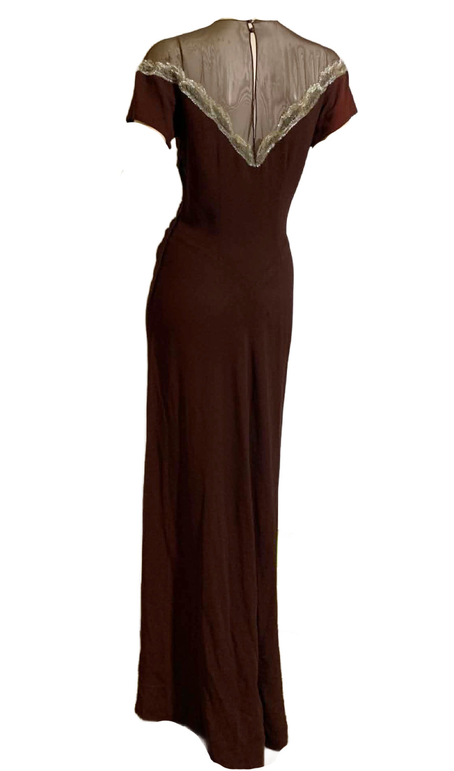 Hot Cocoa Colored Crepe Rayon Ruched Front Evening Dress with Beads and Sequins circa 1940s