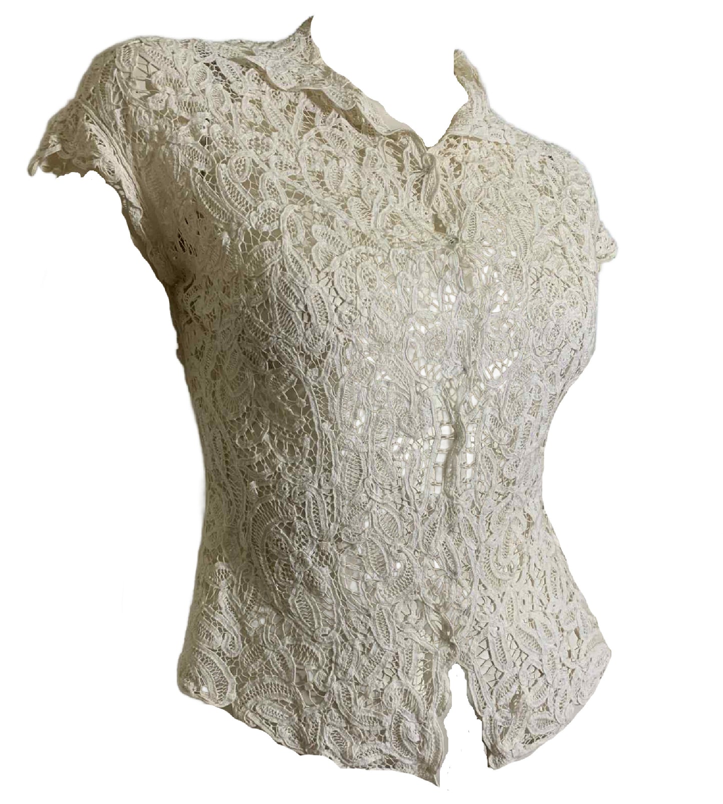 Elegant White Battenburg Lace Snap Front Blouse circa 1940s