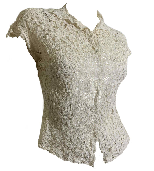 Elegant White Battenburg Lace Snap Front Blouse circa 1940s