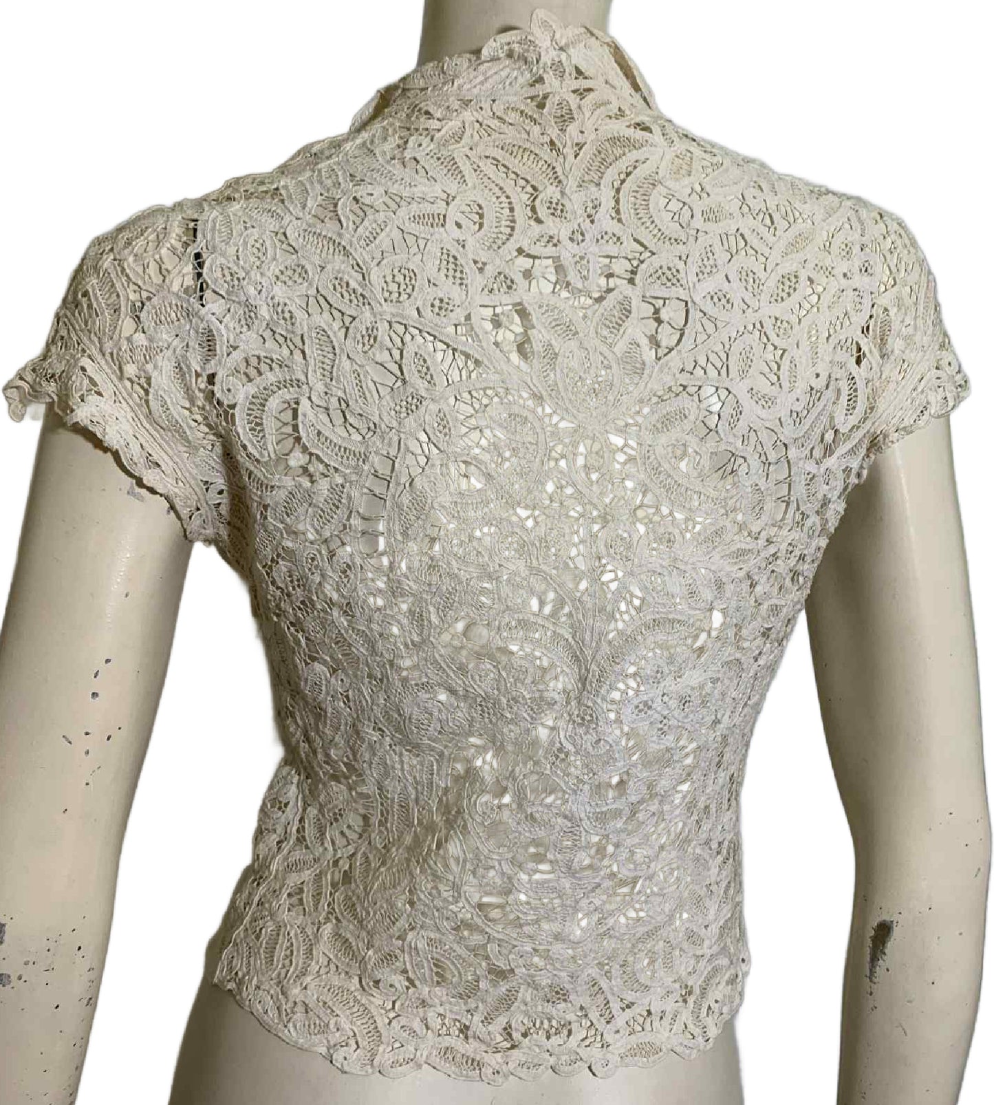 Elegant White Battenburg Lace Snap Front Blouse circa 1940s