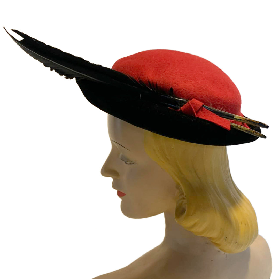 Red Felted Wool Mini Bowler Hat with Black Feather circa 1940s