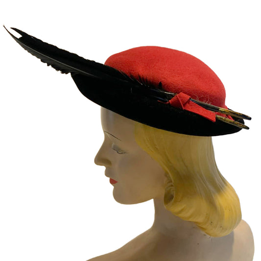 Red Felted Wool Mini Bowler Hat with Black Feather circa 1940s
