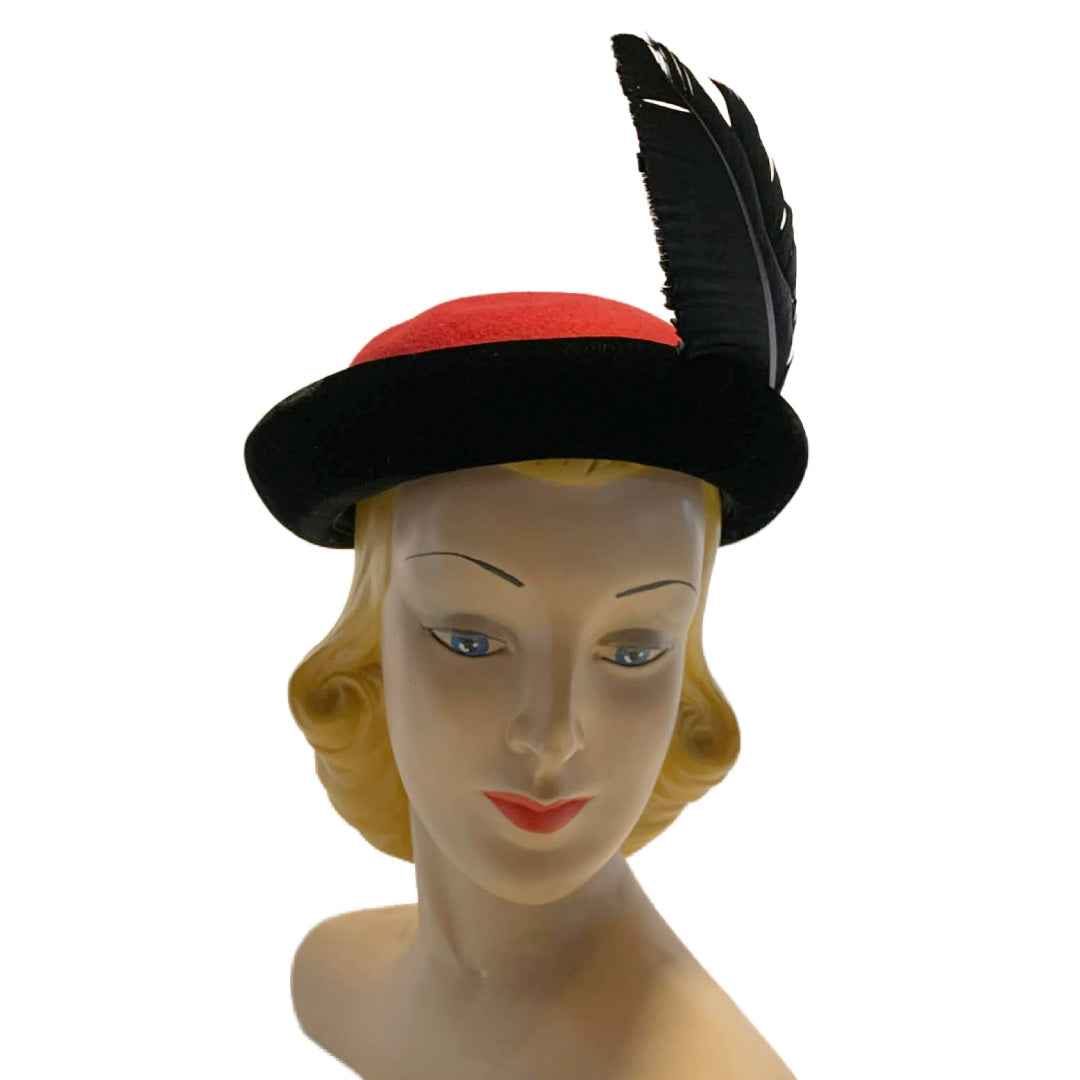 Red Felted Wool Mini Bowler Hat with Black Feather circa 1940s