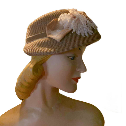Mocha and Pink Sisal Hat with Velvet Leaves circa 1940s