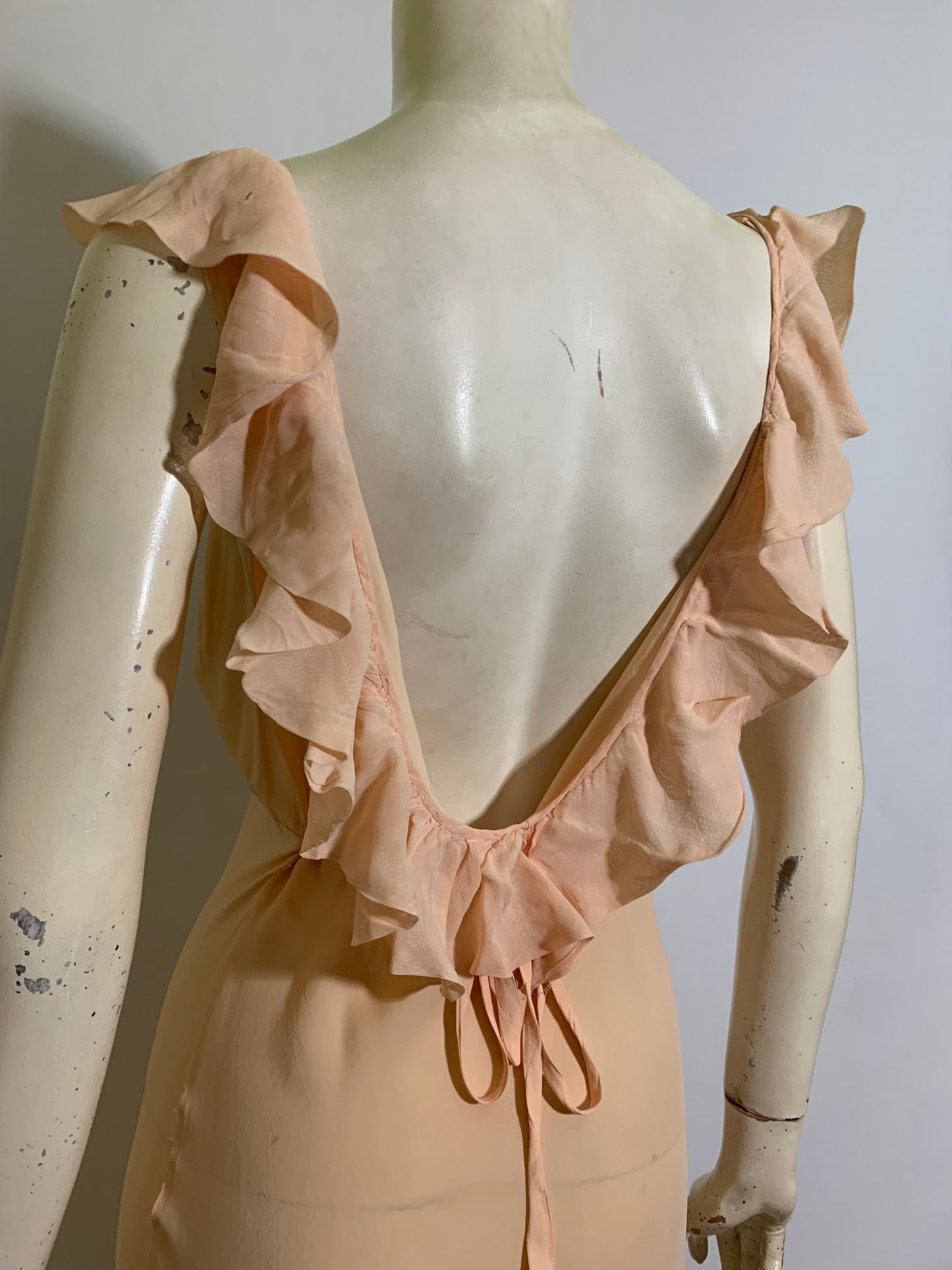 Rare Flirty Low Back Bias Cut Peach Nightgown with Ruffles circa 1930s