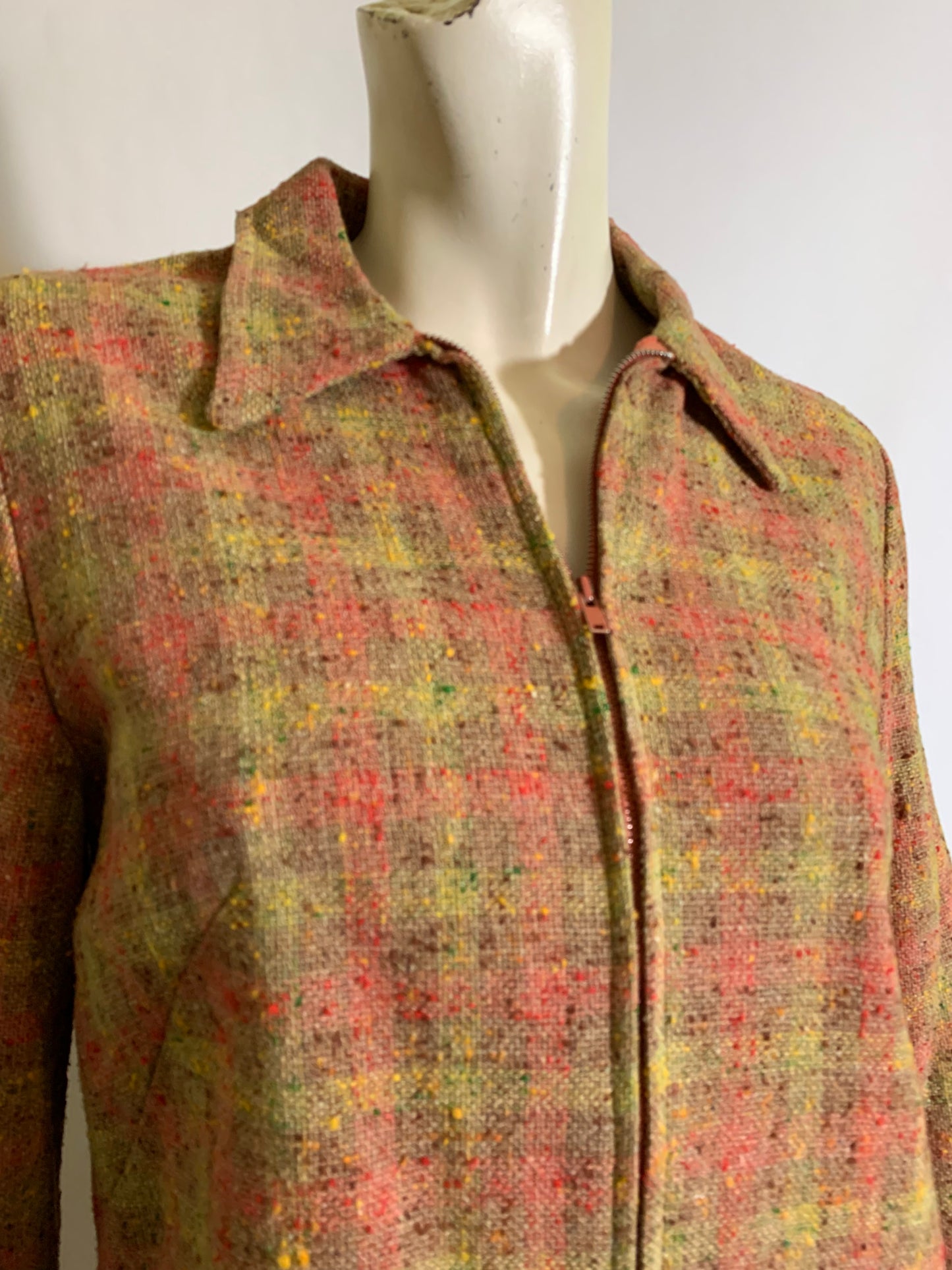 Pumpkin Spice Confetti Flecked Plaid Wool Zip Front Shift Dress circa 1960s