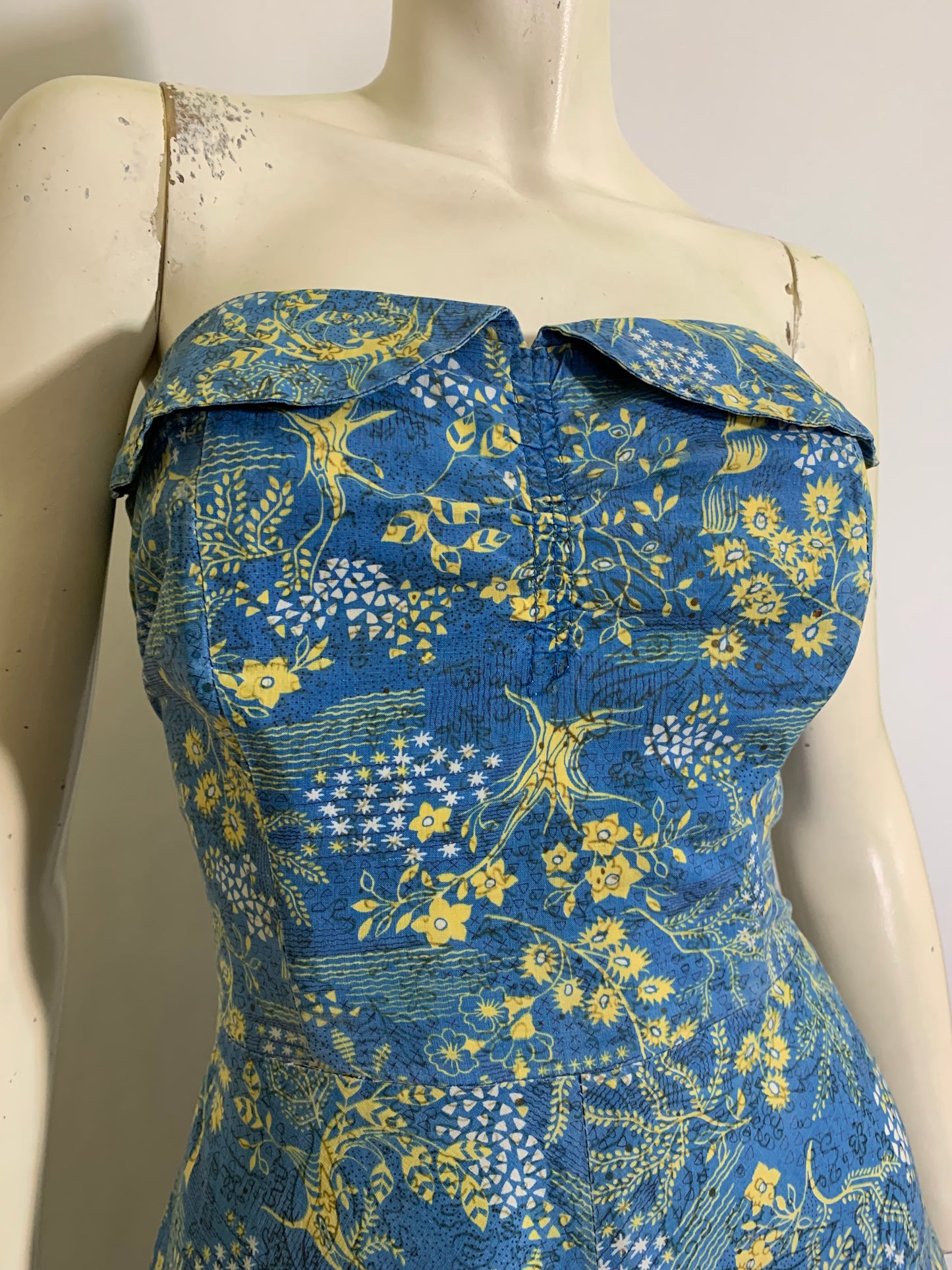 Rare Blue Toile Hawaiian Surf Label Strapless Dress and Bolero circa 1940s