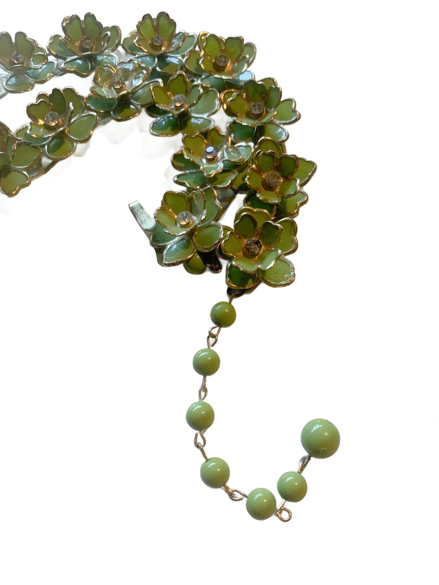 Chartreuse Green Celluloid Flowers Necklace with Rhinestones circa 1930s