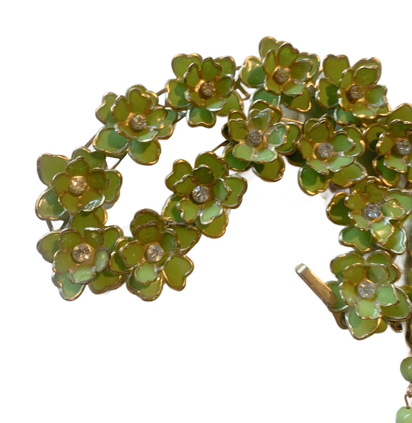 Chartreuse Green Celluloid Flowers Necklace with Rhinestones circa 1930s