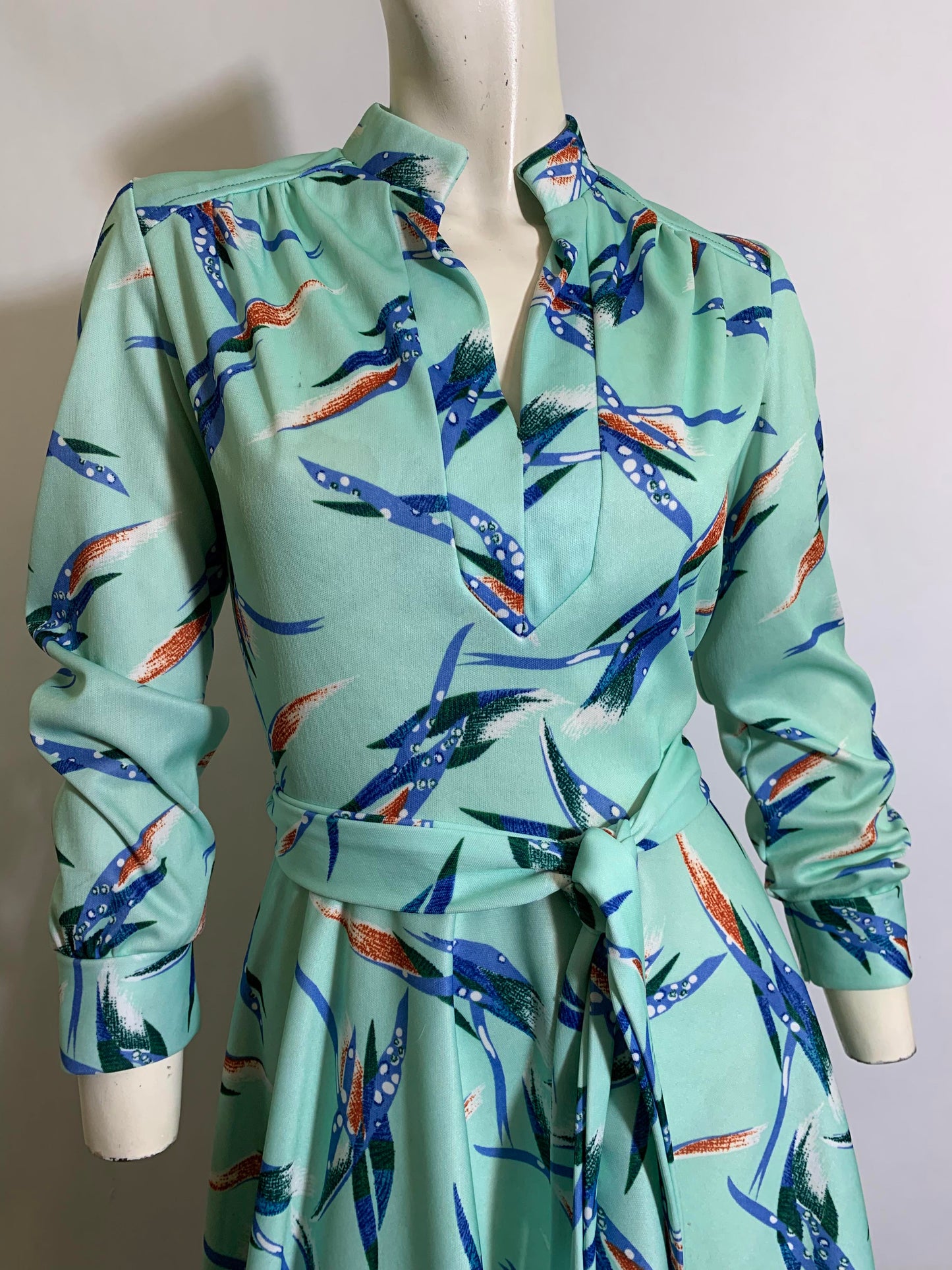 Mint Green Stylized Bird of Paradise Print Polyester Dress circa 1970s