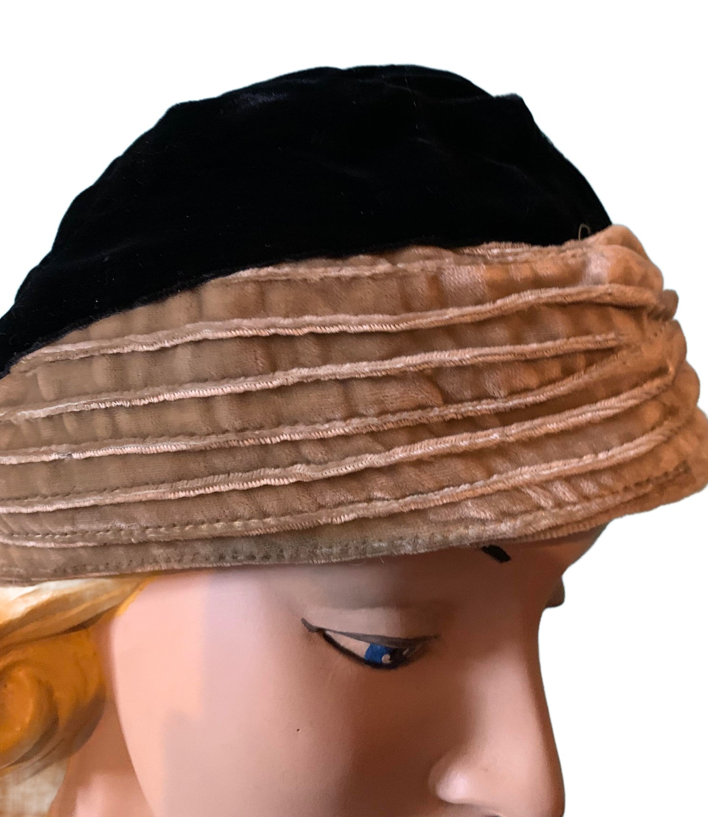 Silk Velvet Black and Golden Tan Close Fit Hat circa 1930s