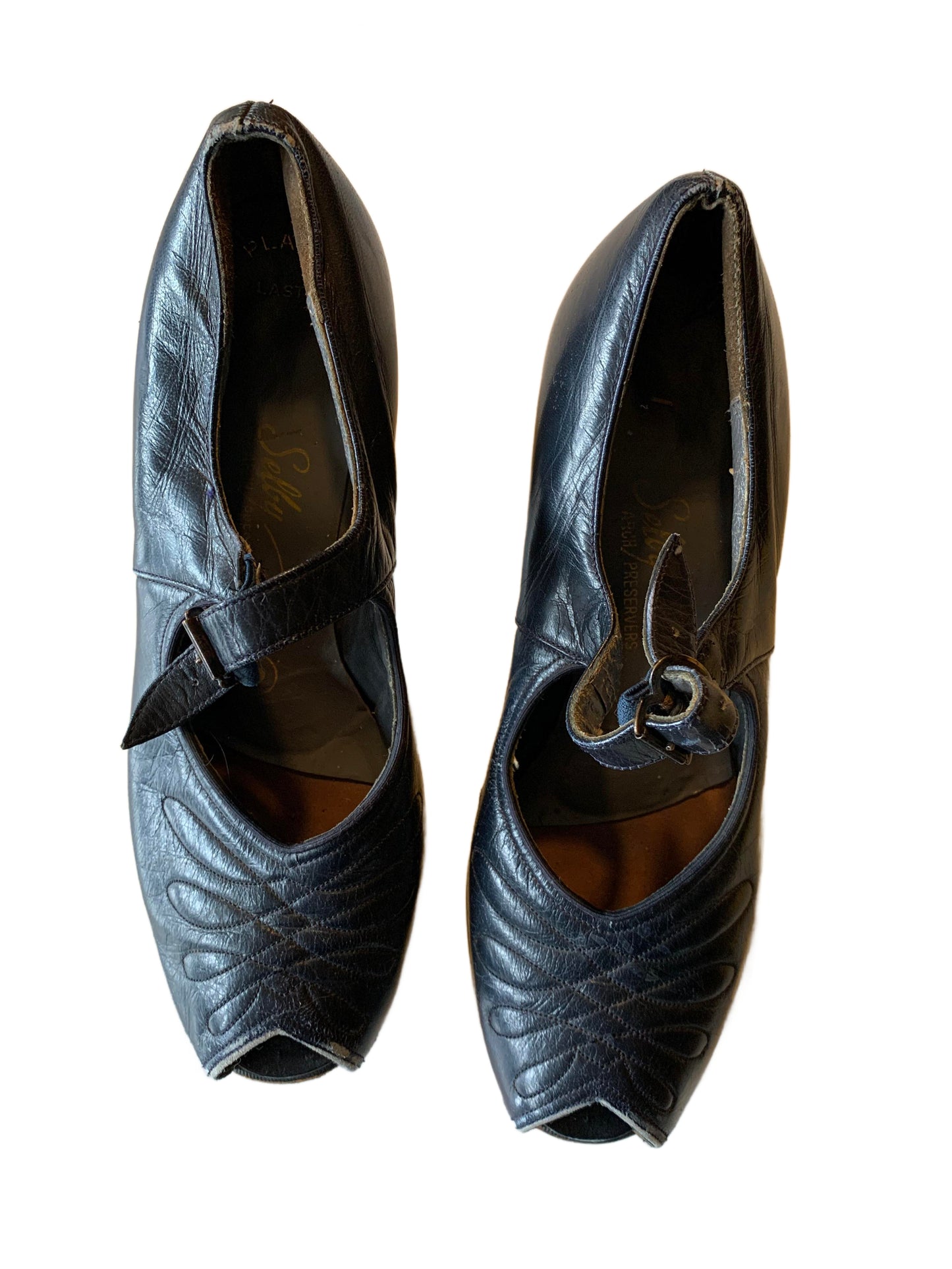 Blue Leather Top Stitched Low Heel Peep Toe Shoes circa 1940s 6