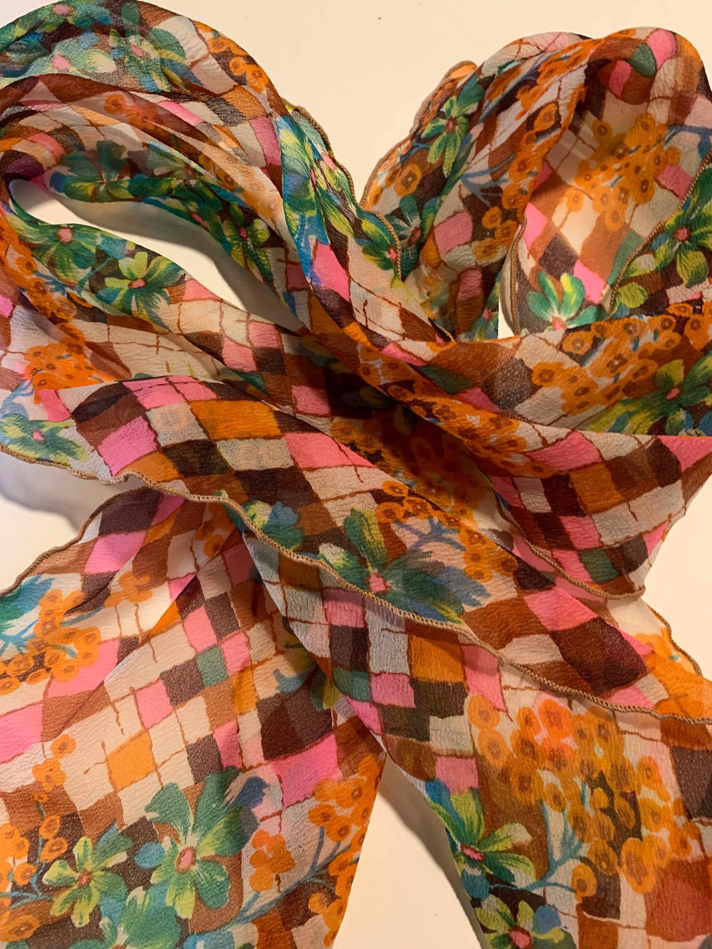Bright Floral Harlequin Print Chiffon Oblong Scarf circa 1970s