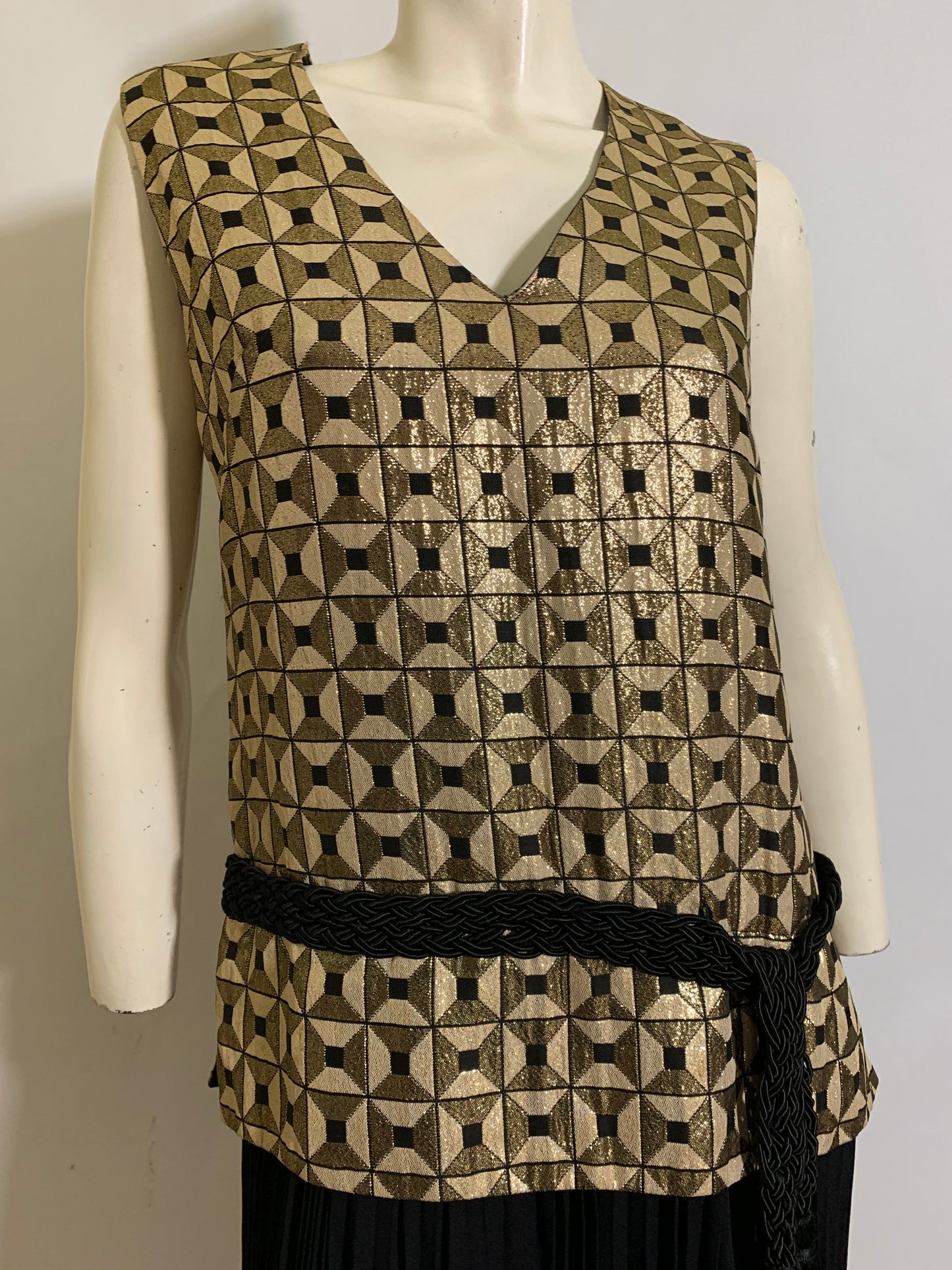 20s Inspired Gold and Black Metallic Bodice Mini Dress Pleated Skirt circa 1960s