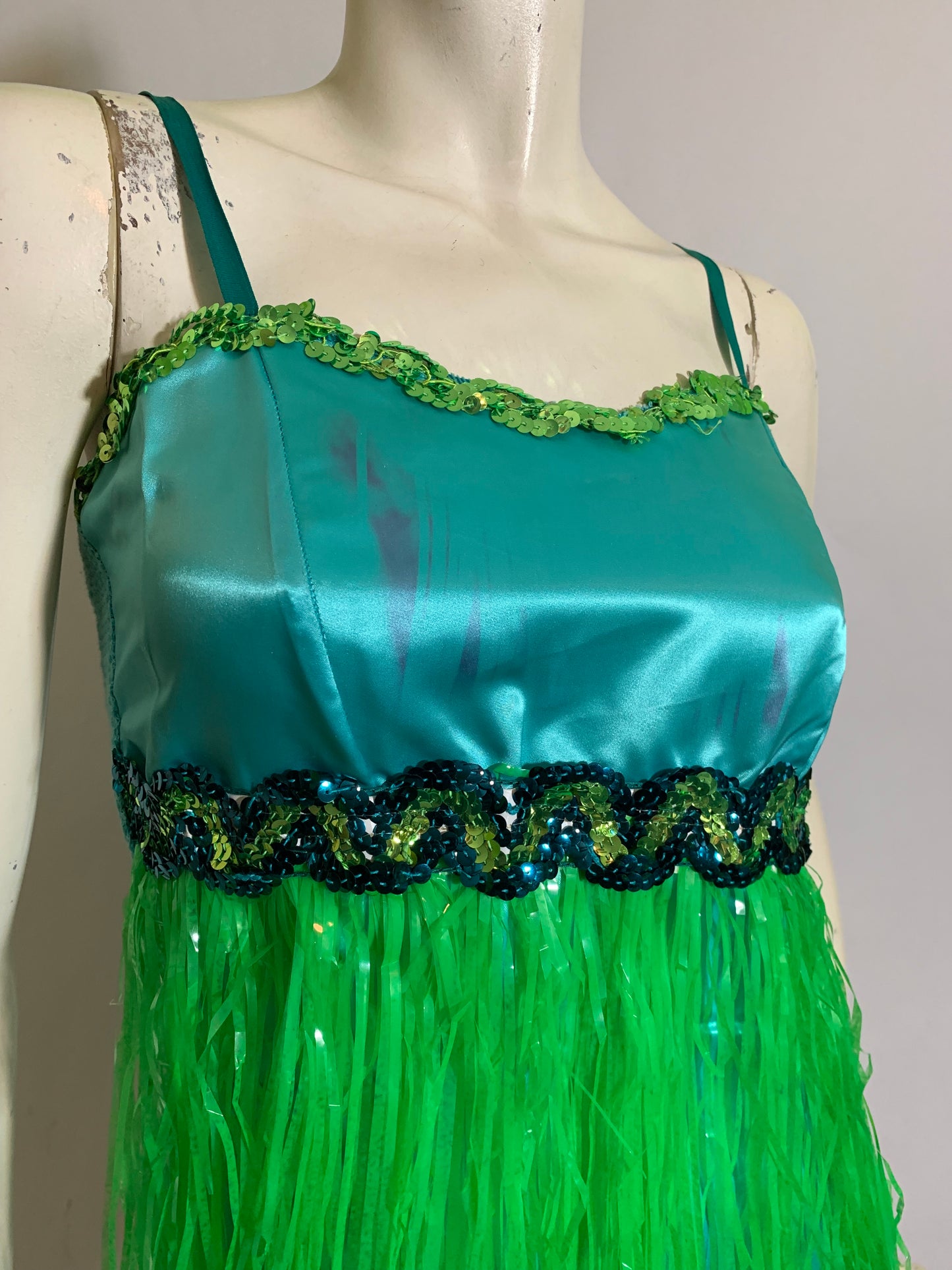Lime Green and Aqua Satin Fringed 2 Piece Stage Costume circa 1960s