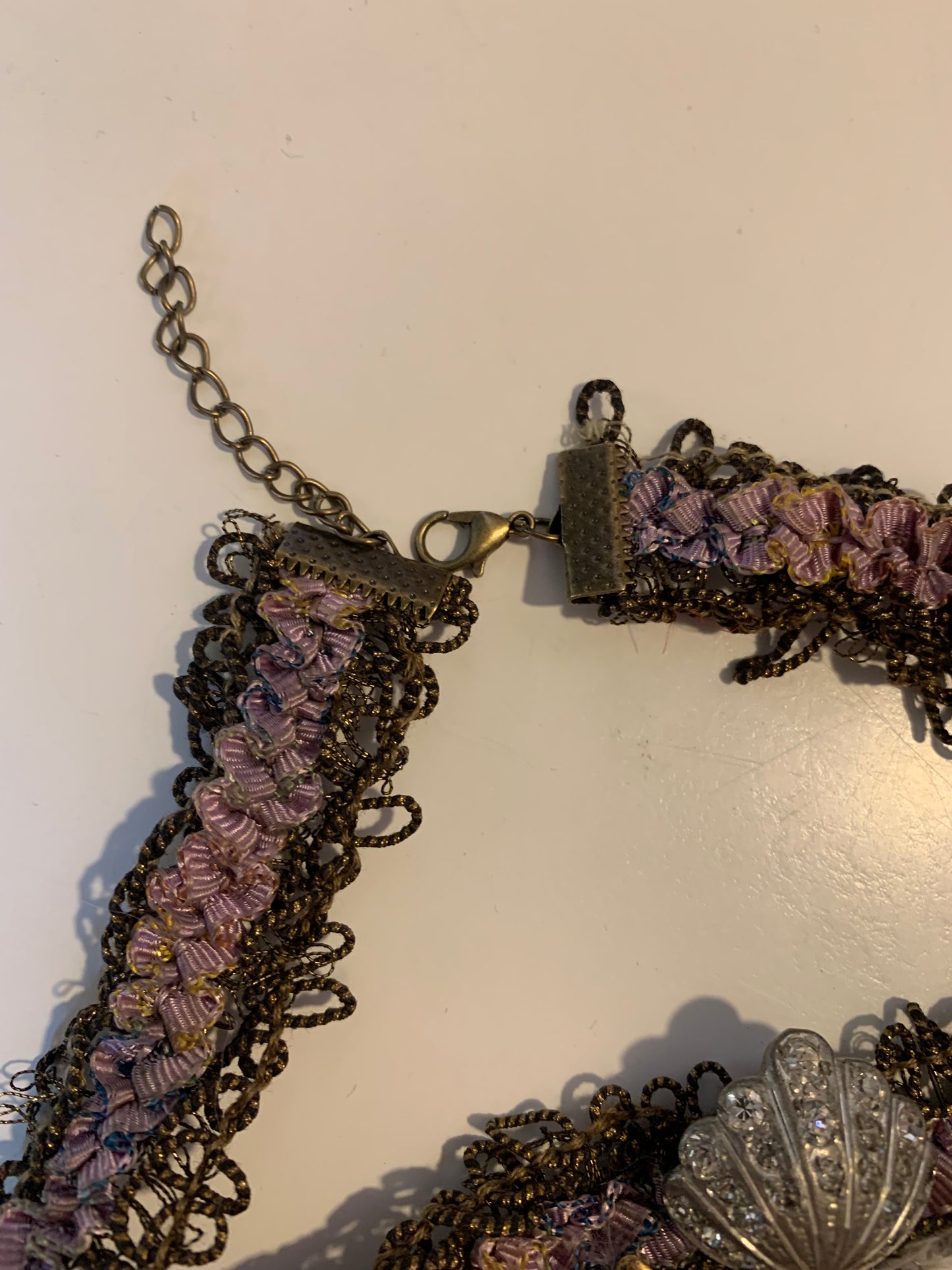 Magic Flute Reimagined Cherub Pendant Antique Ribbon Choker Necklace with Feather and Rhinestones