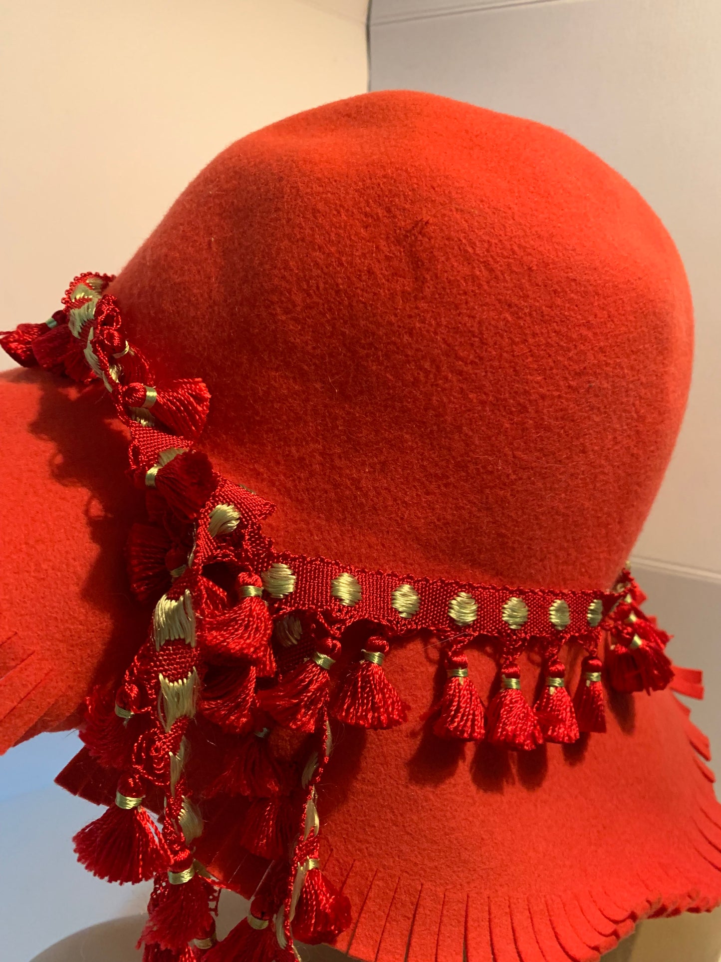 Citrus Orange Felted Wool with Fringe Edges Pom Pom Trim circa 1970s