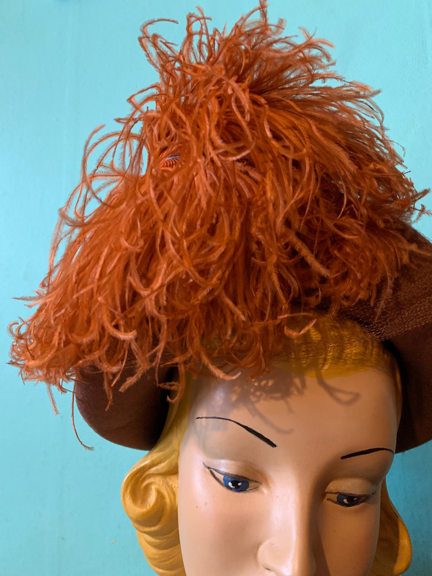 Cinnamon and Tangerine Dramatically Plumed Felted Hat circa 1940s