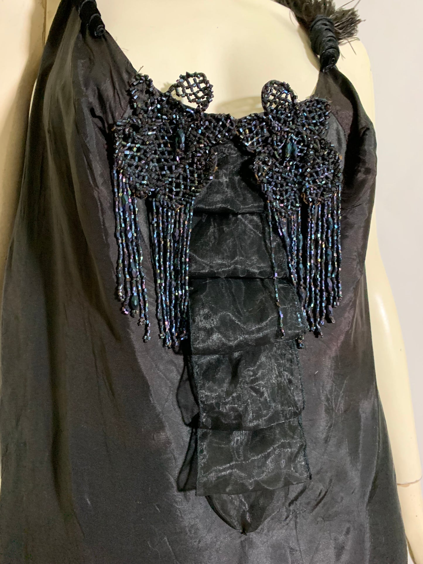 Lady Windermere Reimagined 1920s Black Silk Dress with Victorian Glass Beading Ostrich Feathers and Blue Ribbon L
