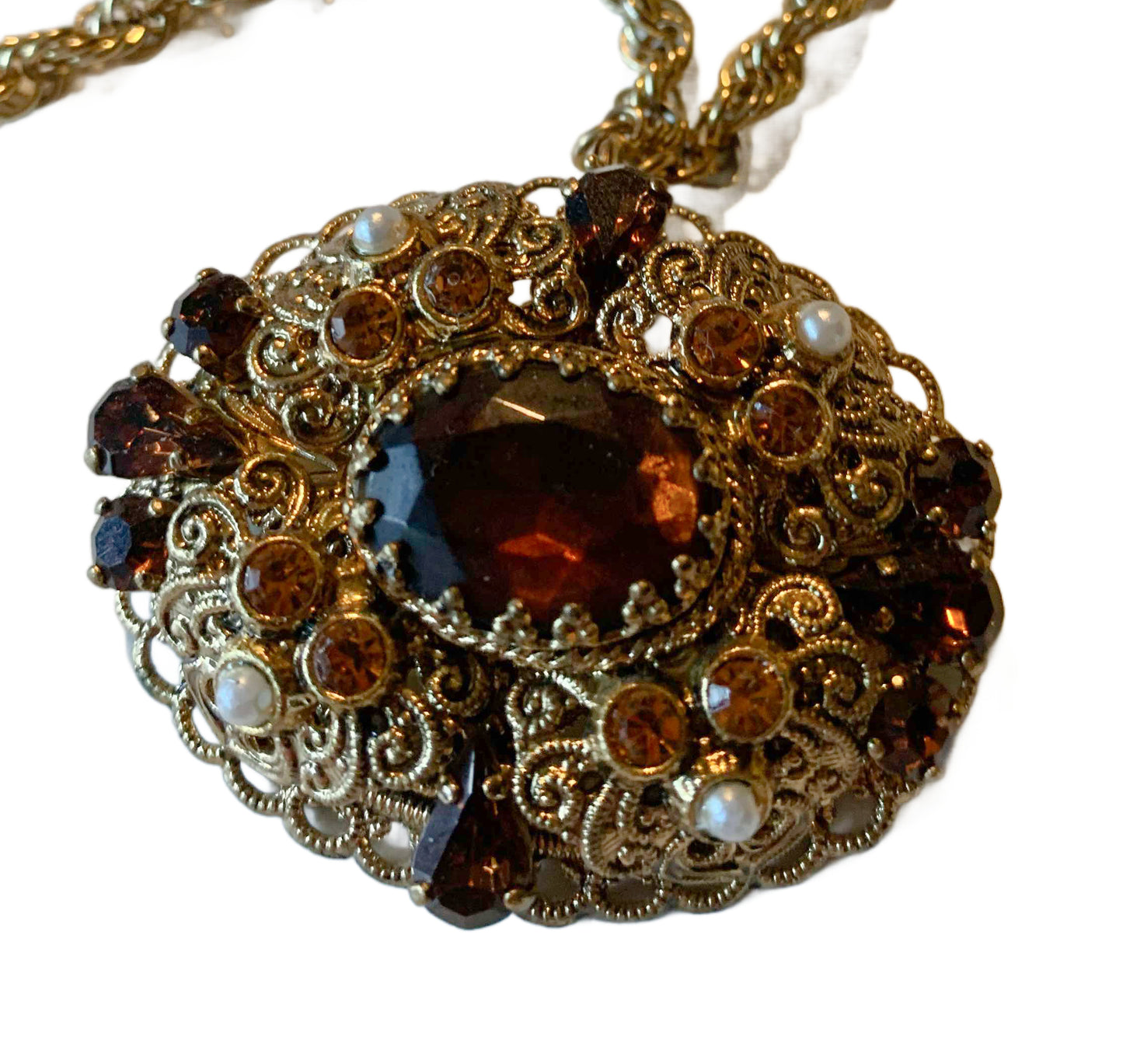 Topaz Colored Rhinestone Oval Brooch + Pendant Necklace circa 1960s