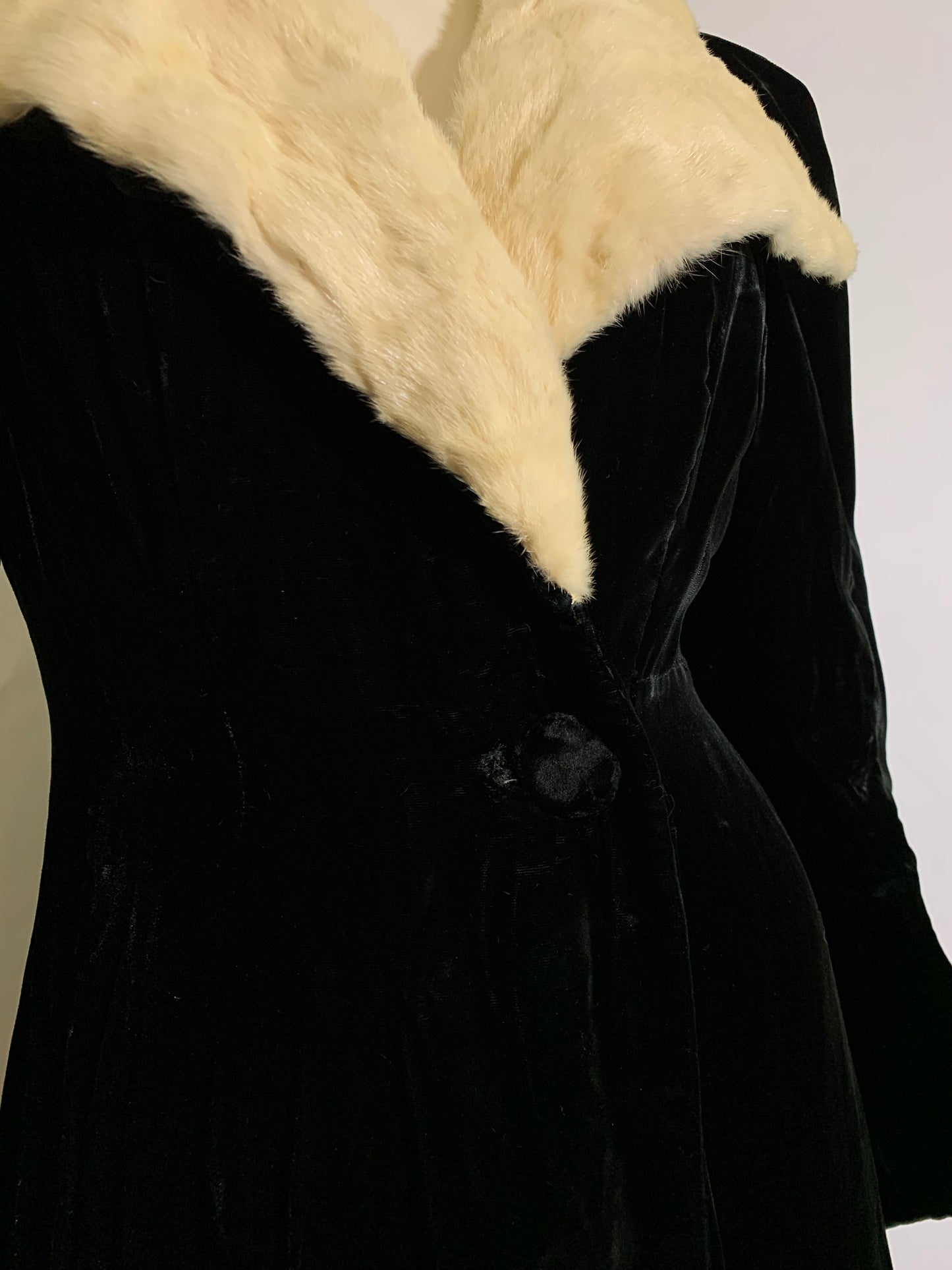 Iconic Black Velvet Princess Line Opera Coat with Ermine Collar circa 1930s