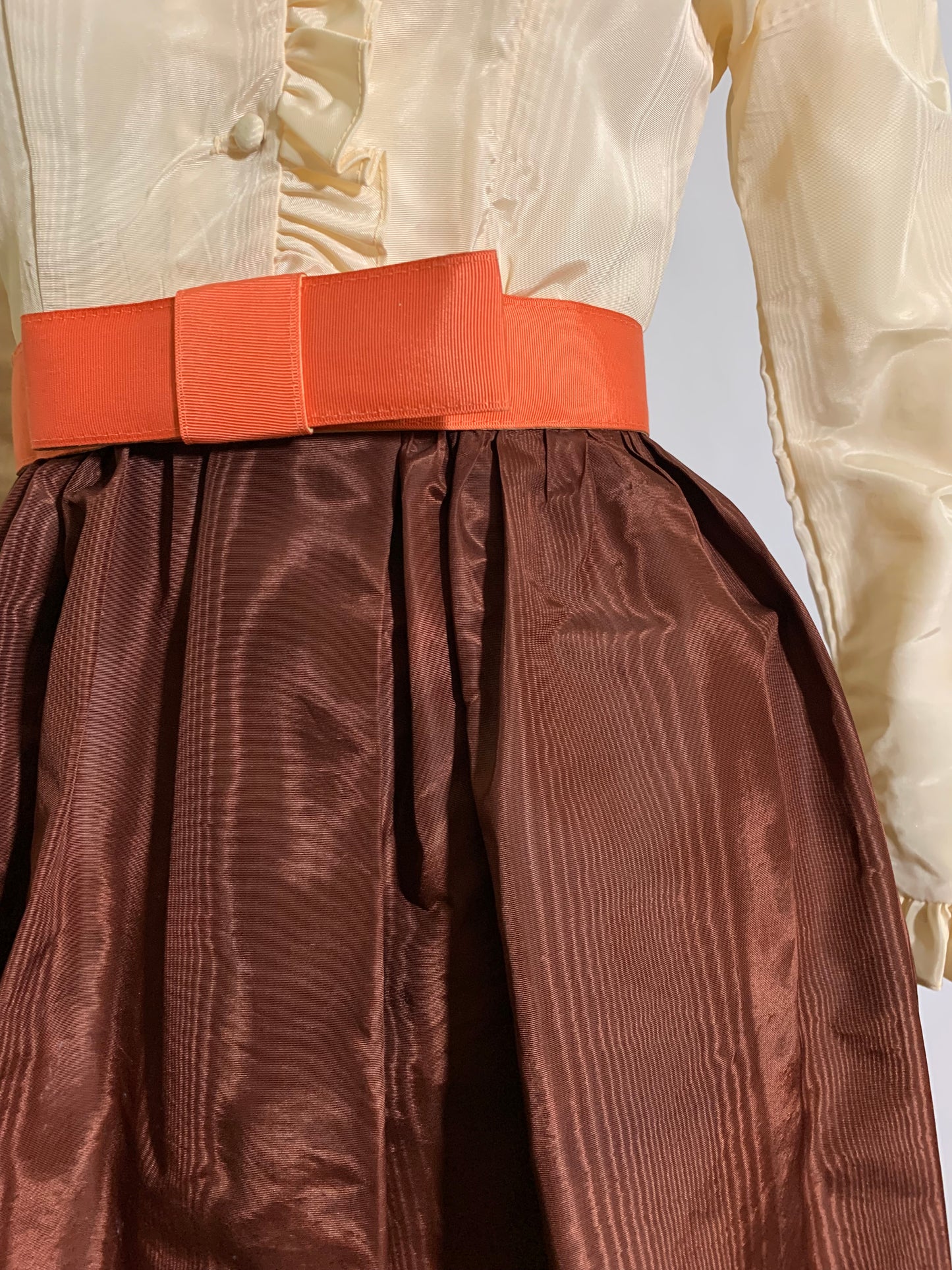 Moire Taffeta Brown and Ivory Mini Dress with Orange Bow Belt circa 1970s