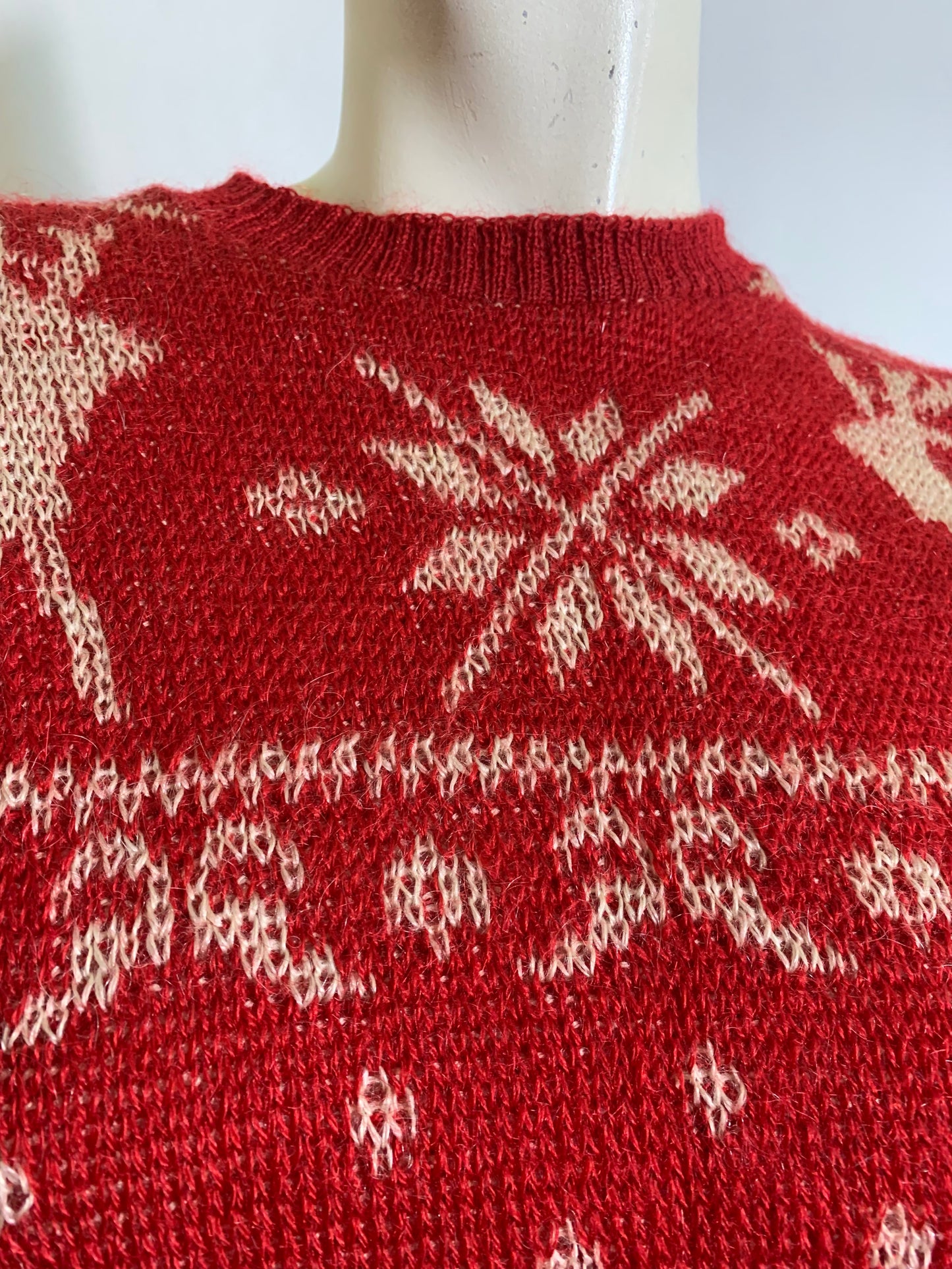 Red and White Intarsia Knit Ski Sweater with Reindeer and Bows circa 1940s
