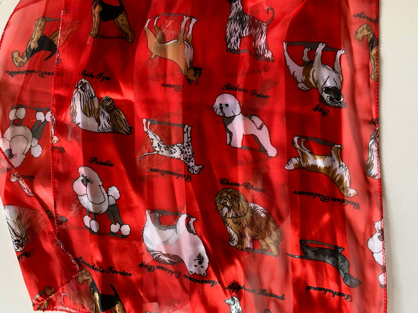 Bright Red Oblong Scarf with Dog Breed Novelty Print circa 1990s