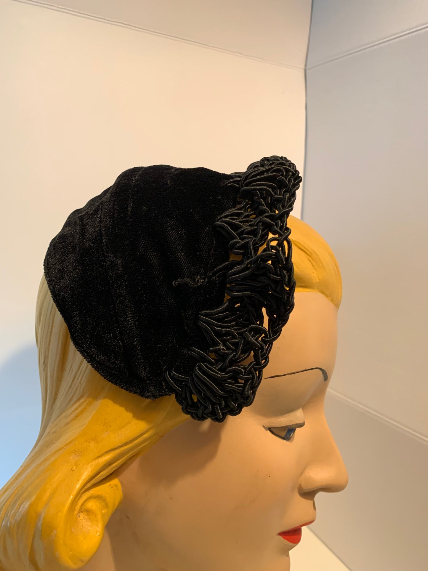Black Velvet and Braided Cord Lace Headband Hat circa 1950s