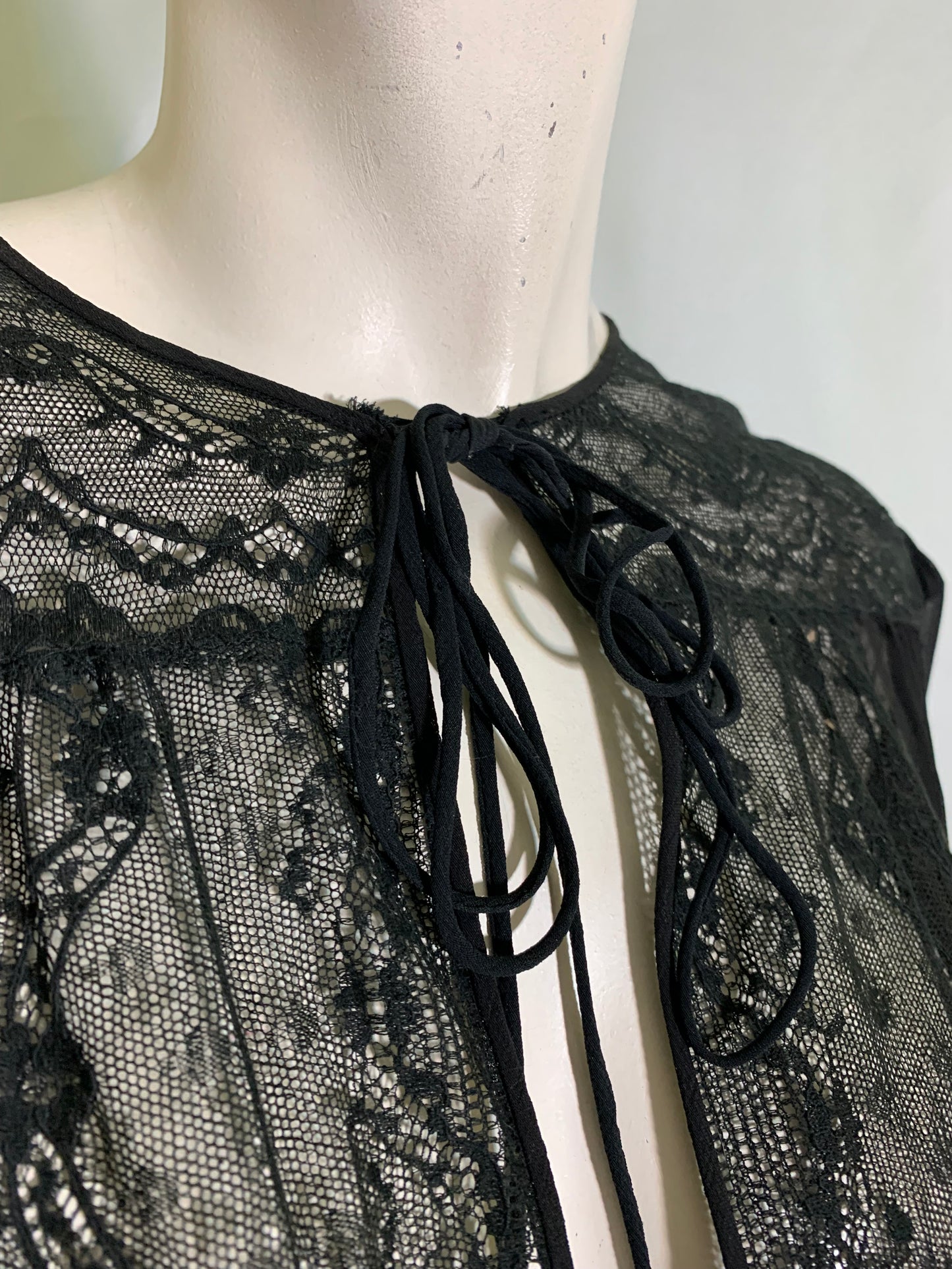 Sultry Sheer Black Lace Trimmed Boudoir Robe circa 1940s