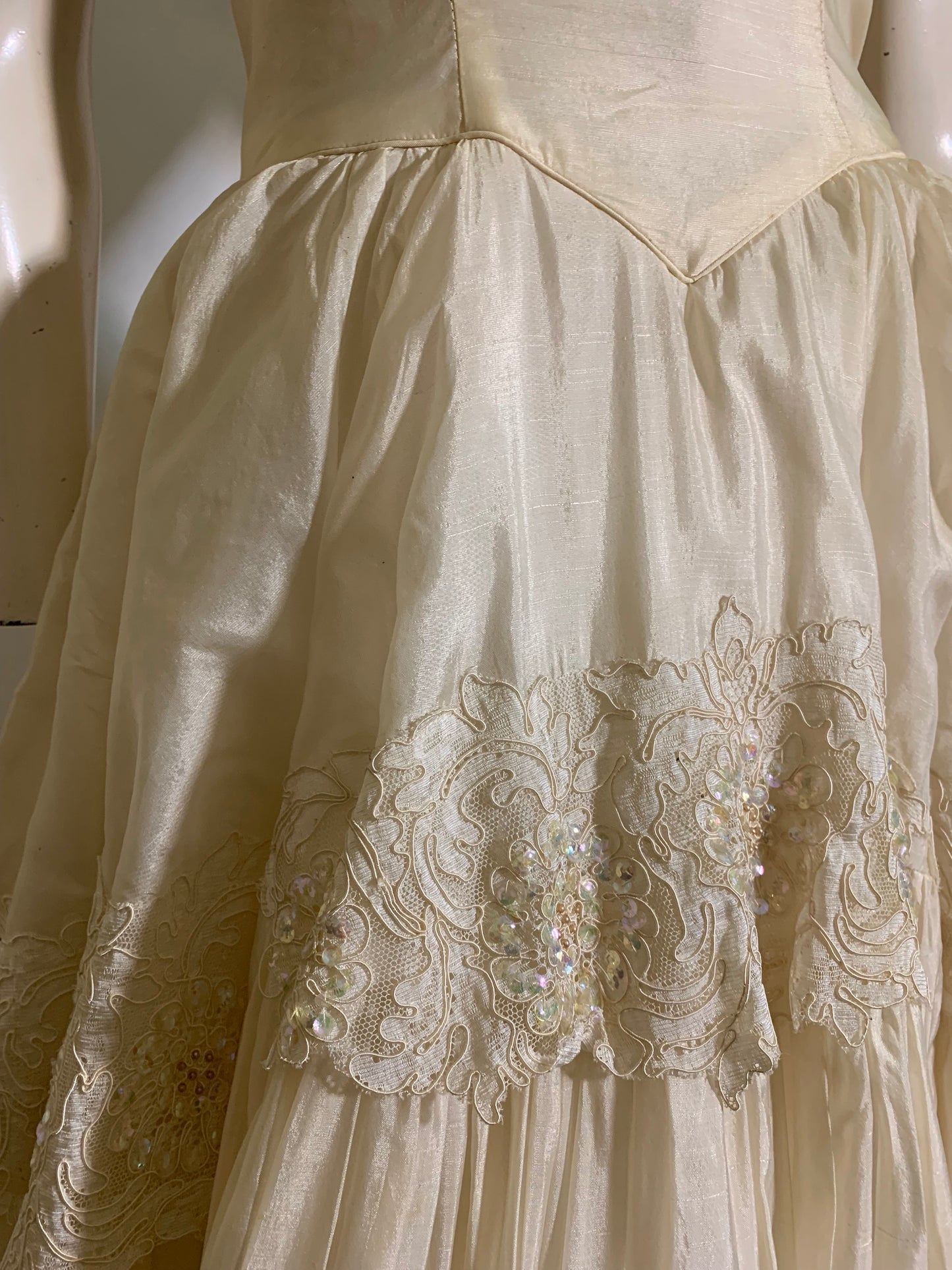 Ivory Organza Short Sleeved Sequined Wedding Dress Massive Skirt circa 1950s