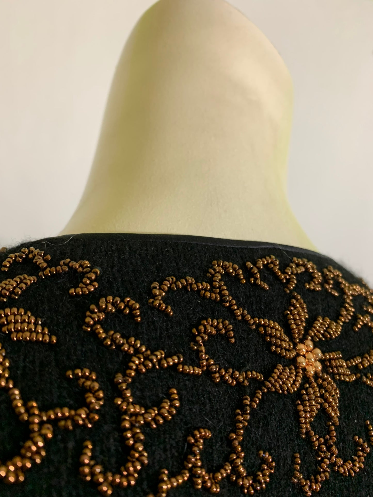 Jet Black Cardigan Sweater with Copper Beaded Flowers circa 1960s