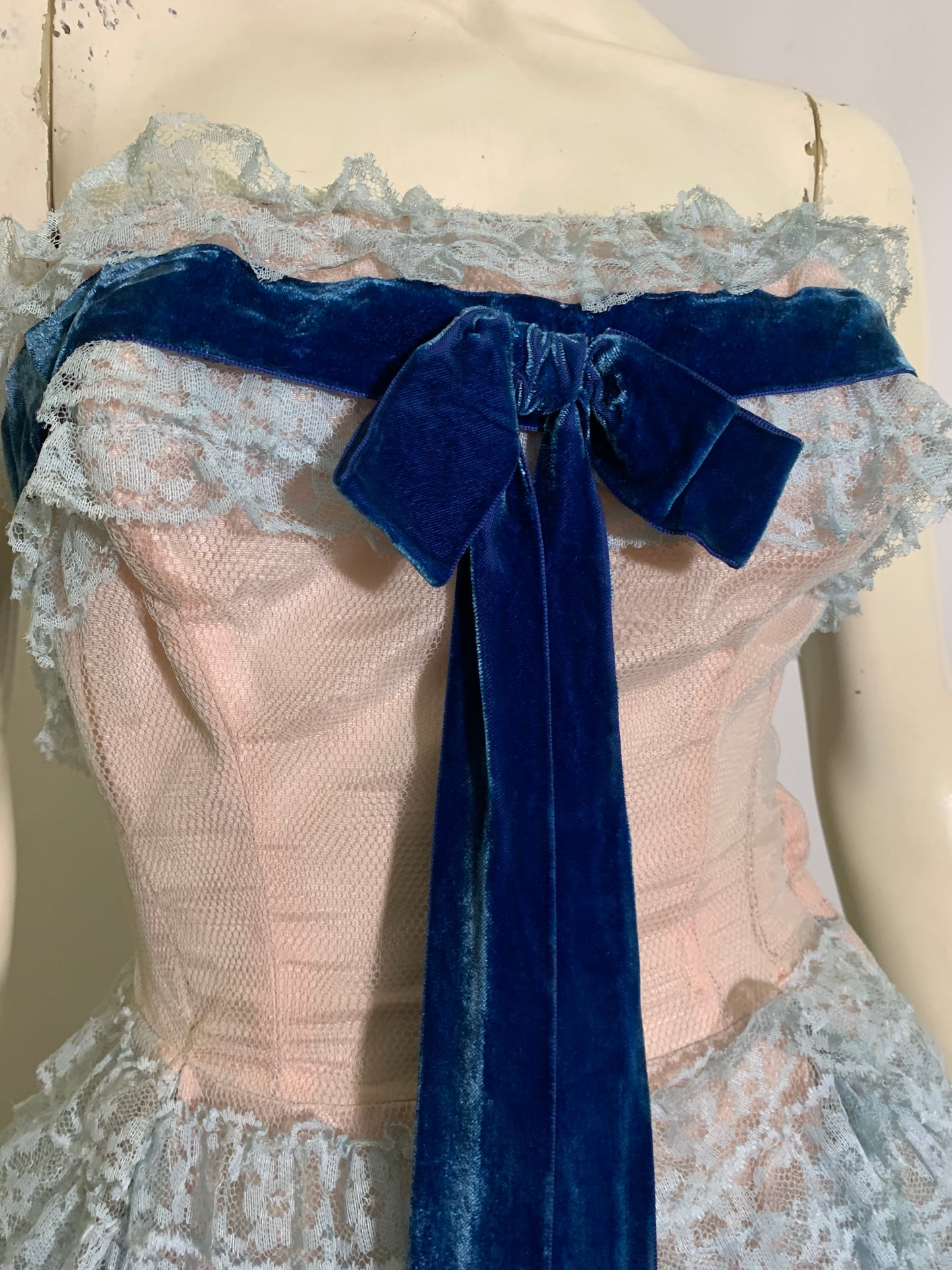 Baby Blue Lace and Tulle Strapless Party Dress Blue Velvet Ribbon circa 1960s