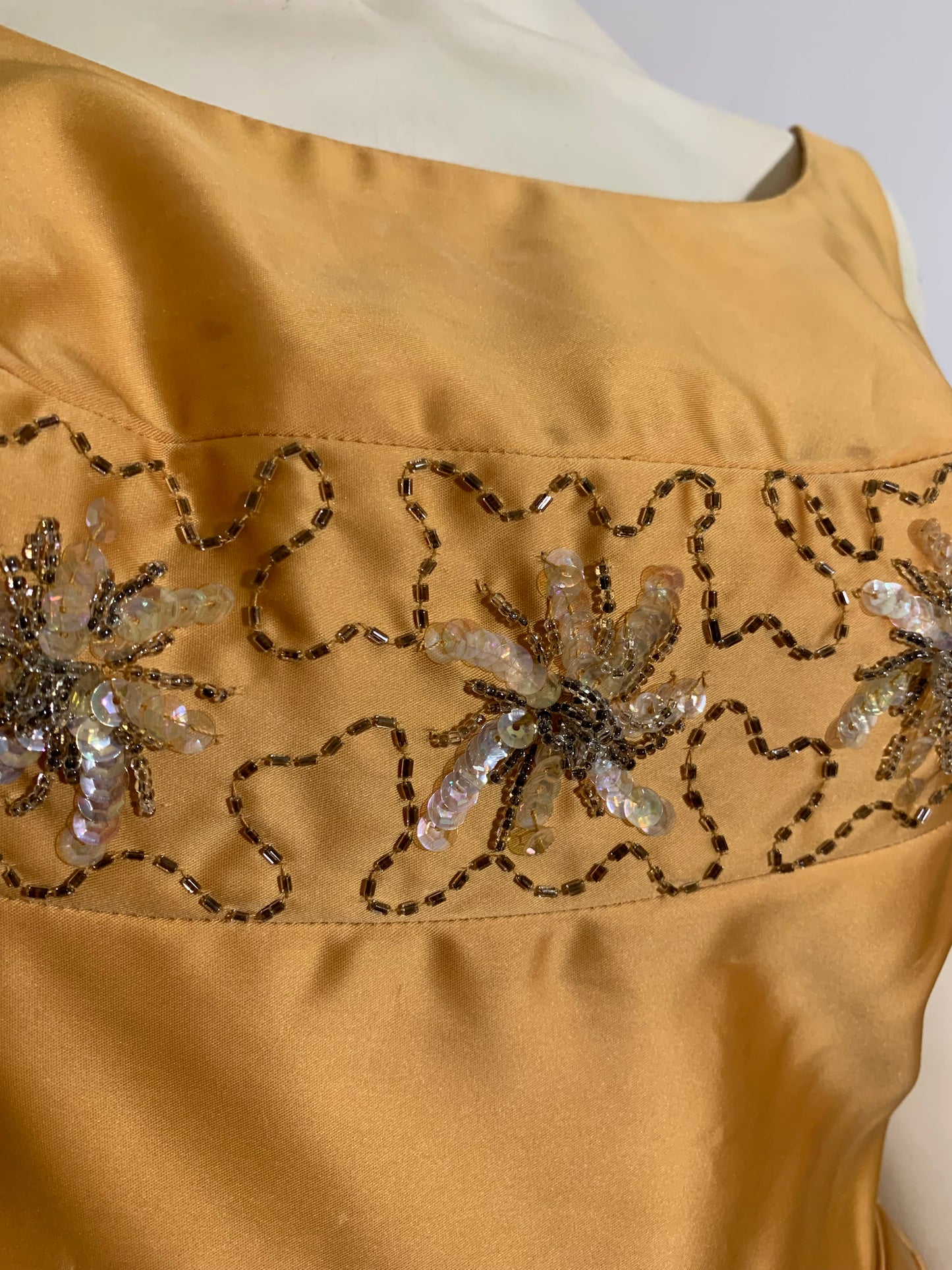 Golden Satin Cocktail Dress with Beading and Sequins circa 1960s