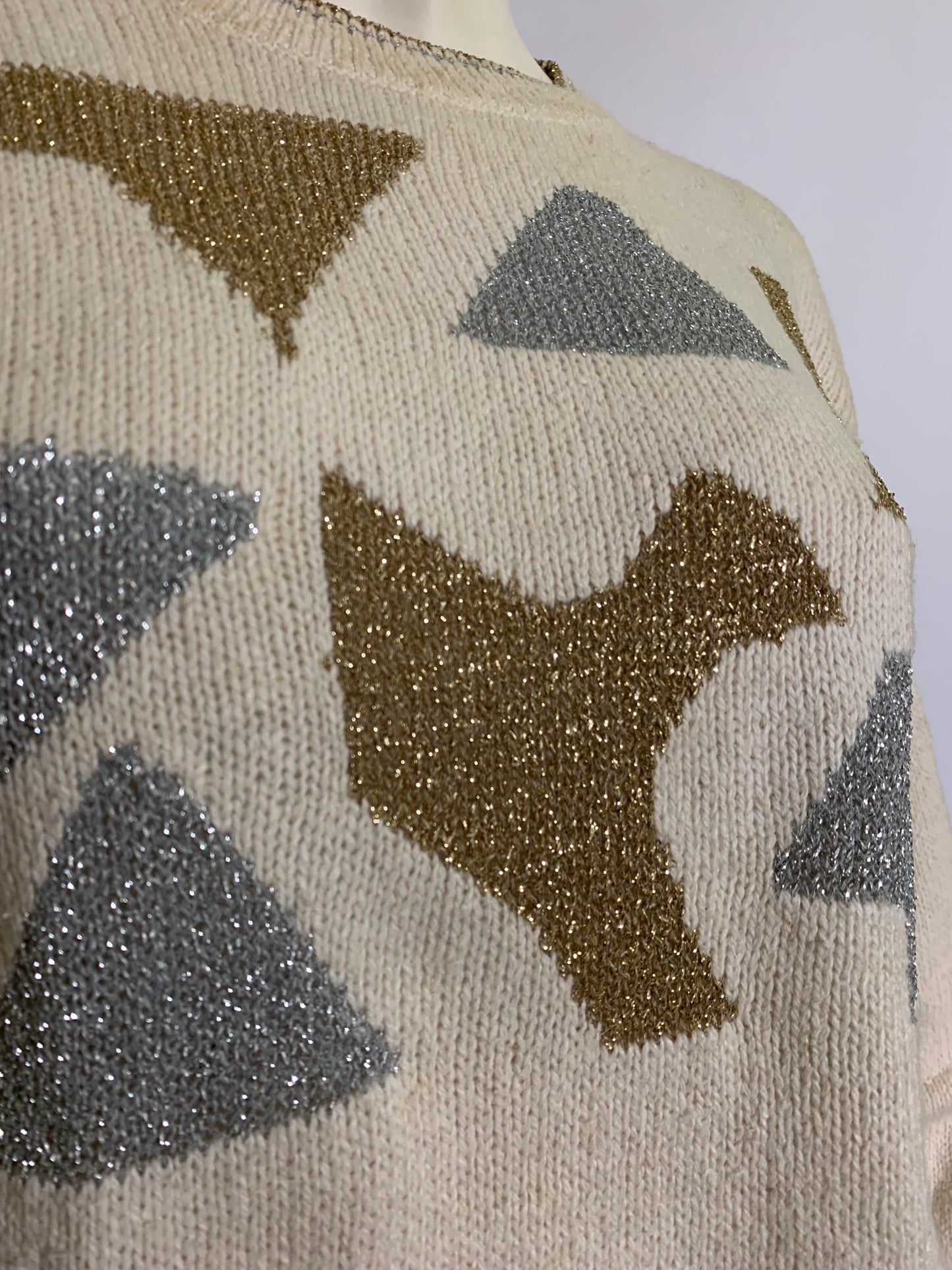 Angora Blend Sweater with Gold and Silver Metallic Geometric Design circa 1980s