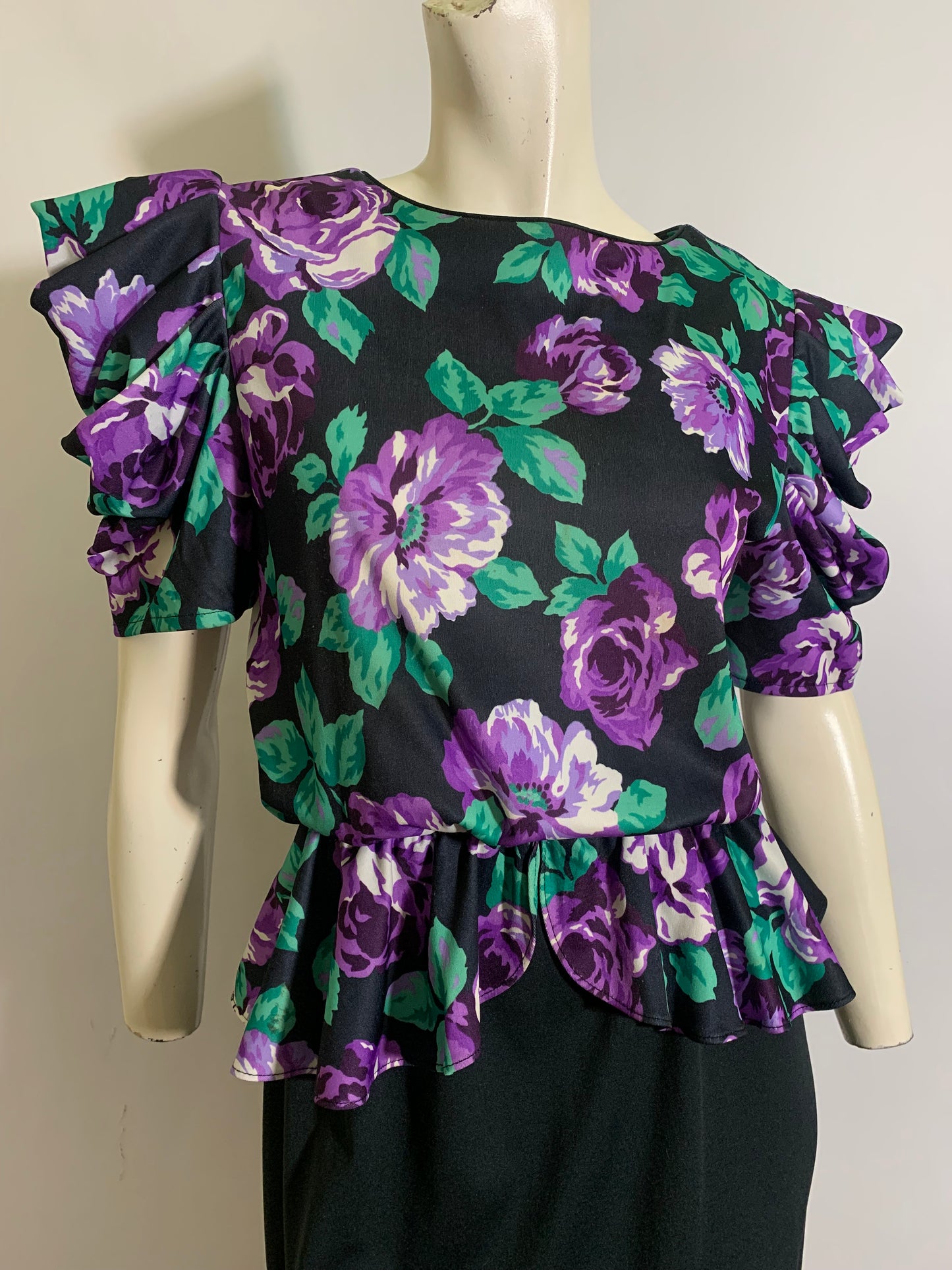 Purple Rose Print Jersey Nylon Peplum Dress Ruched Sleeves circa 1980s