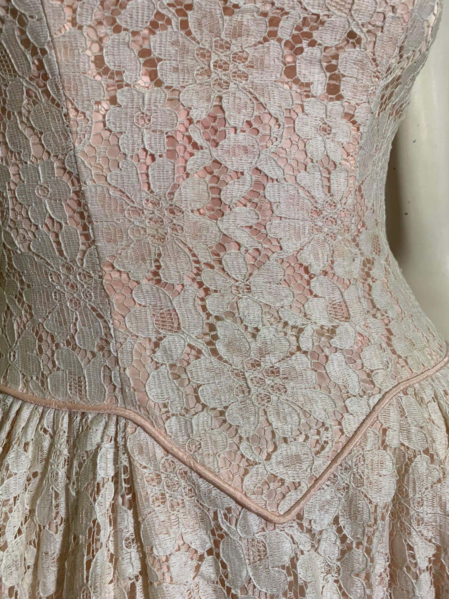 Baby Pink Lace Full Skirt Dress with Bow Back circa 1960s